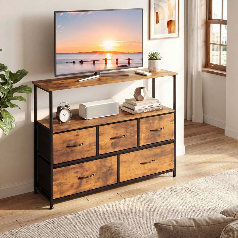 TV Stand Dresser for 45 Inch TV 5 Fabric Drawer Entertainment Center by DirectDeals