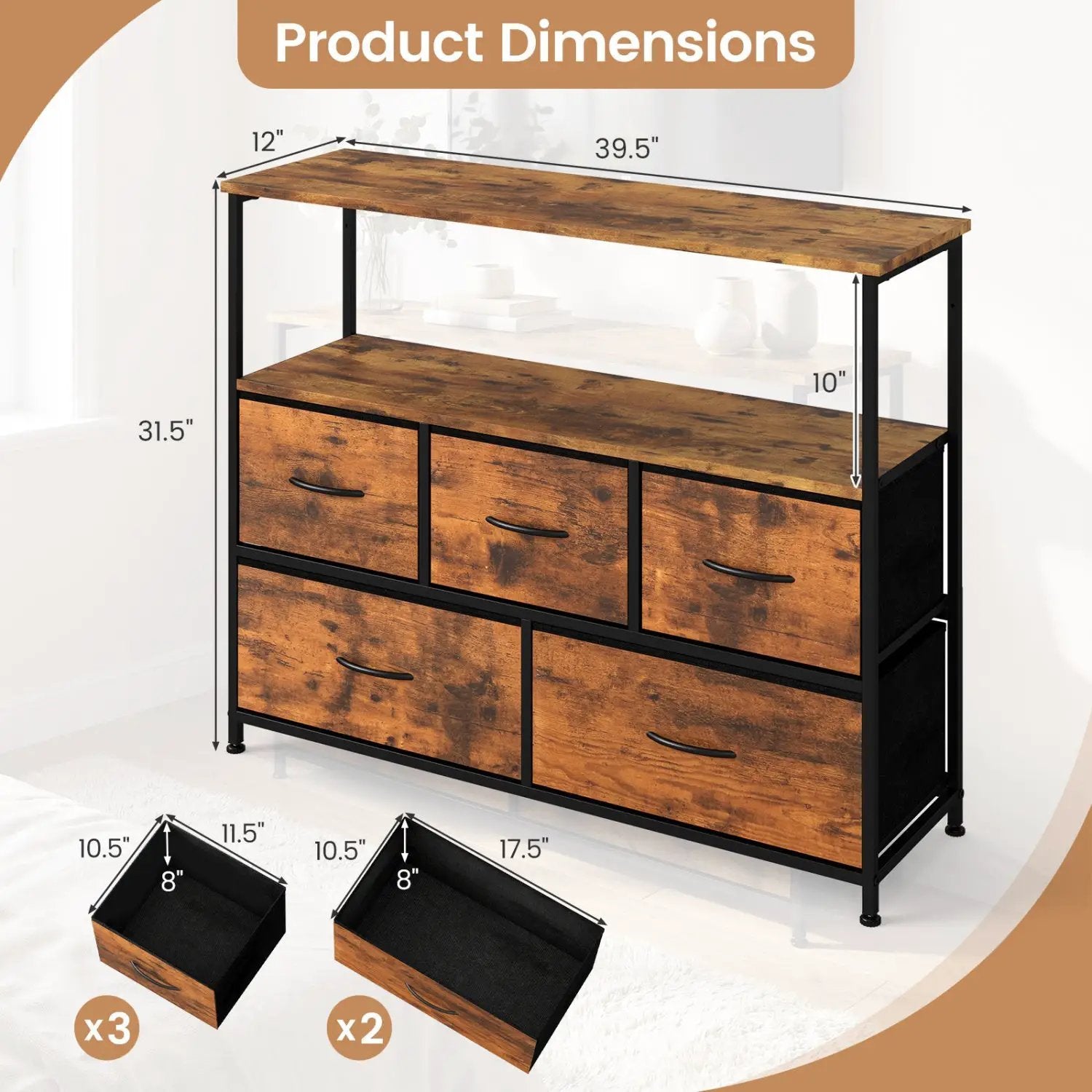 TV Stand Dresser for 45 Inch TV 5 Fabric Drawer Entertainment Center by DirectDeals