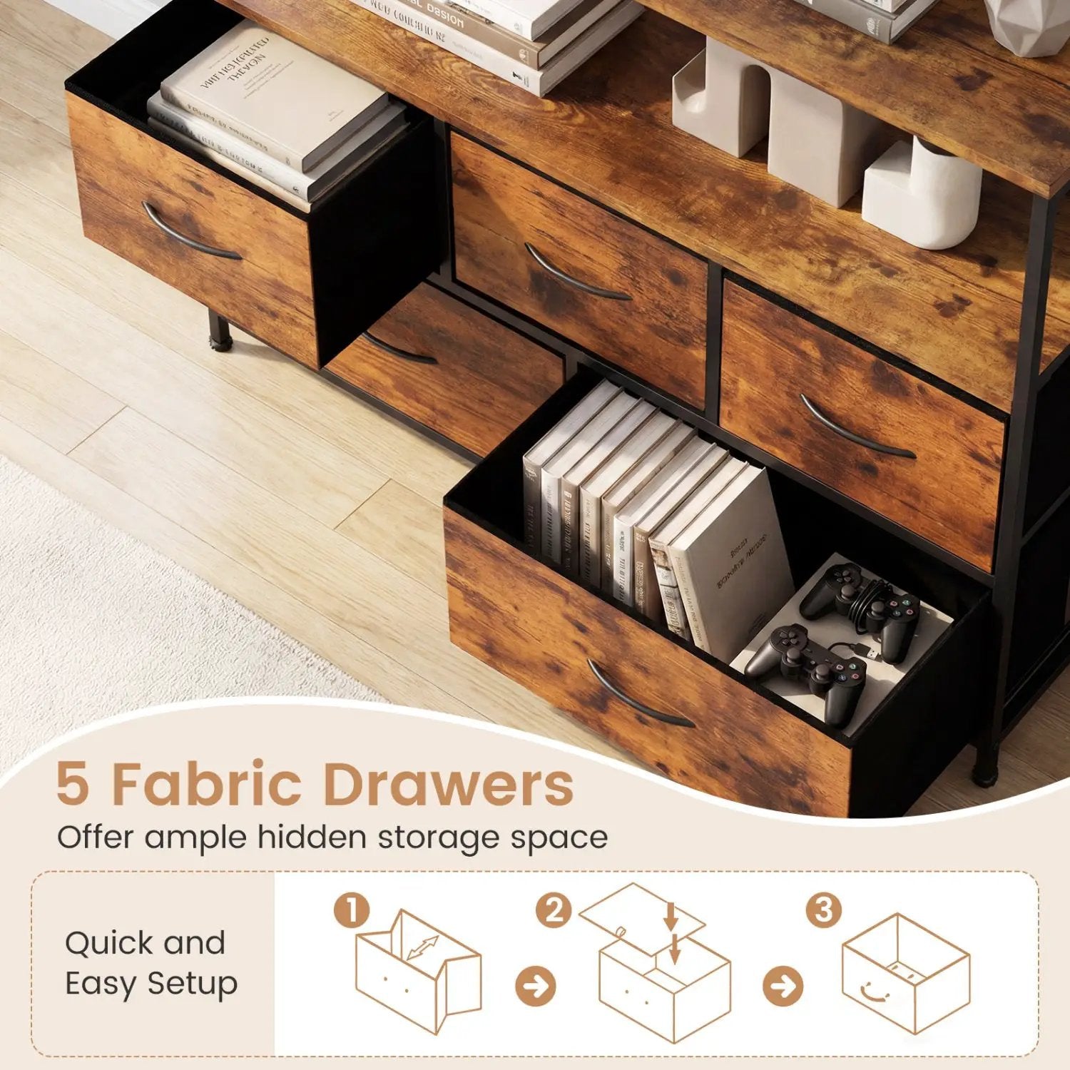 TV Stand Dresser for 45 Inch TV 5 Fabric Drawer Entertainment Center by DirectDeals