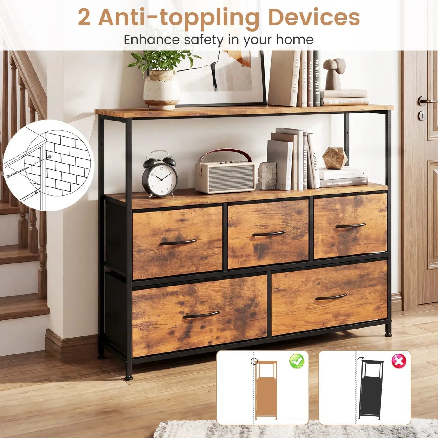 TV Stand Dresser for 45 Inch TV 5 Fabric Drawer Entertainment Center by DirectDeals