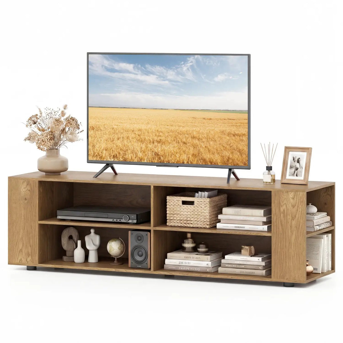 59 Inch Console Storage Entertainment Media Wood TV Stand-Walnut, photo 13 of 14