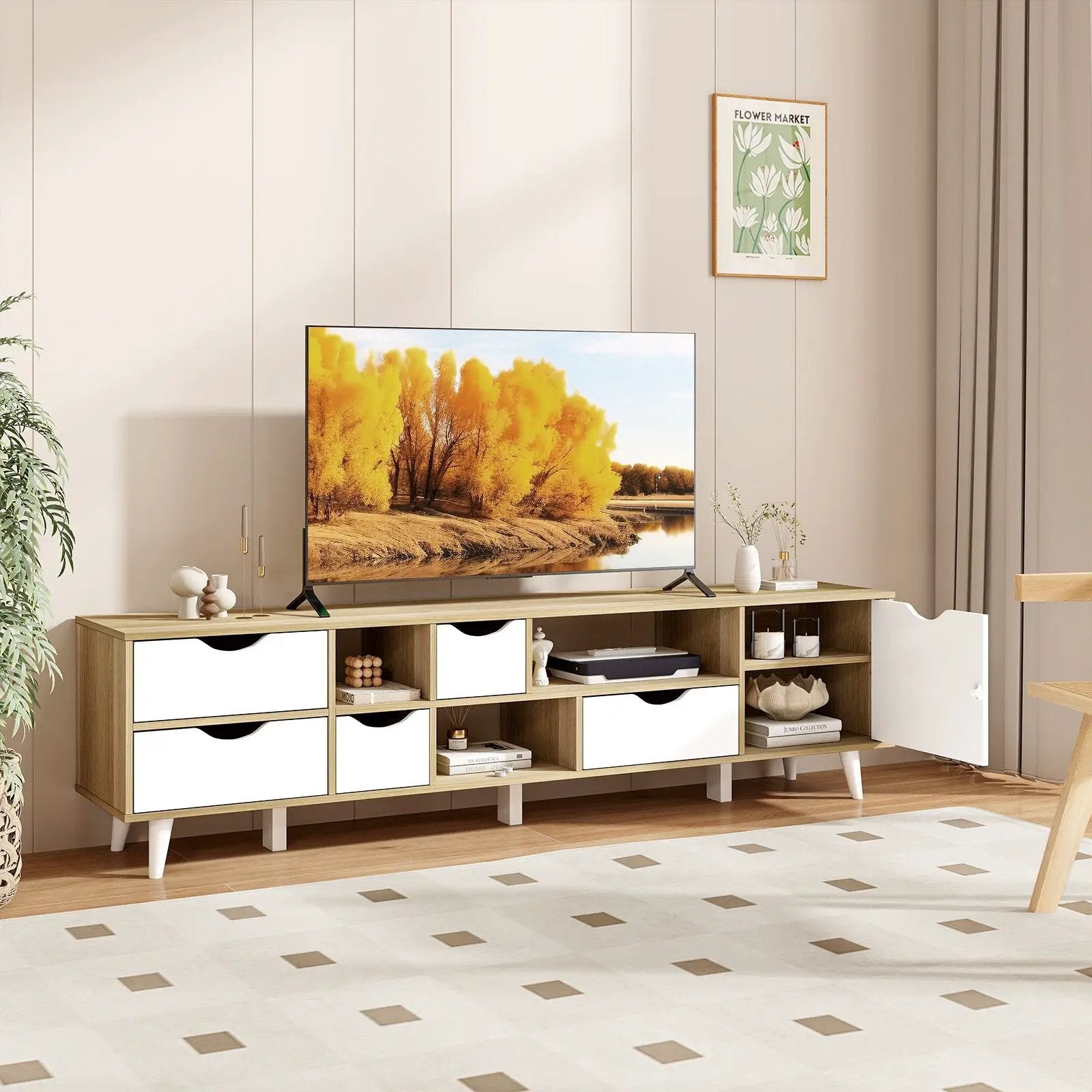 TV Stand for TVs up to 65” Television Cabinet w/ 5 Drawers & 3 Open Shelves-Oak by DirectDeals