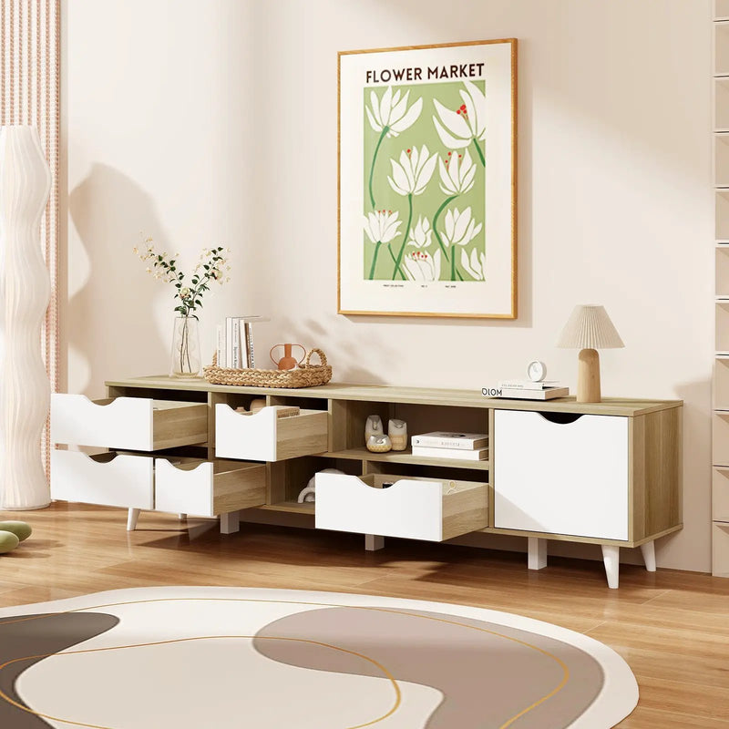 TV Stand for TVs up to 65” Television Cabinet w/ 5 Drawers & 3 Open Shelves-Oak by DirectDeals