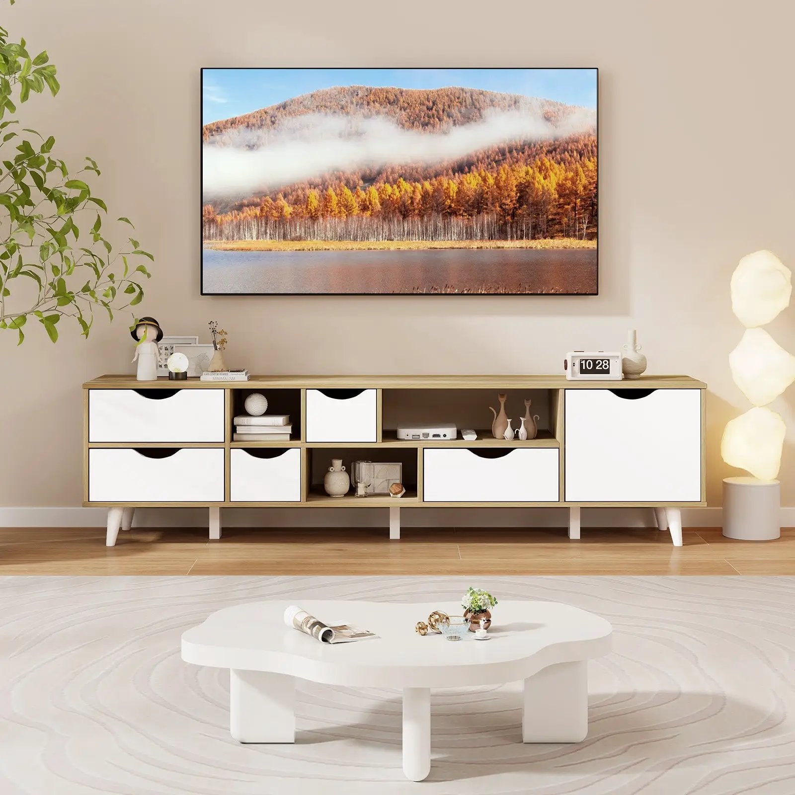 TV Stand for TVs up to 65” Television Cabinet w/ 5 Drawers & 3 Open Shelves-Oak by DirectDeals