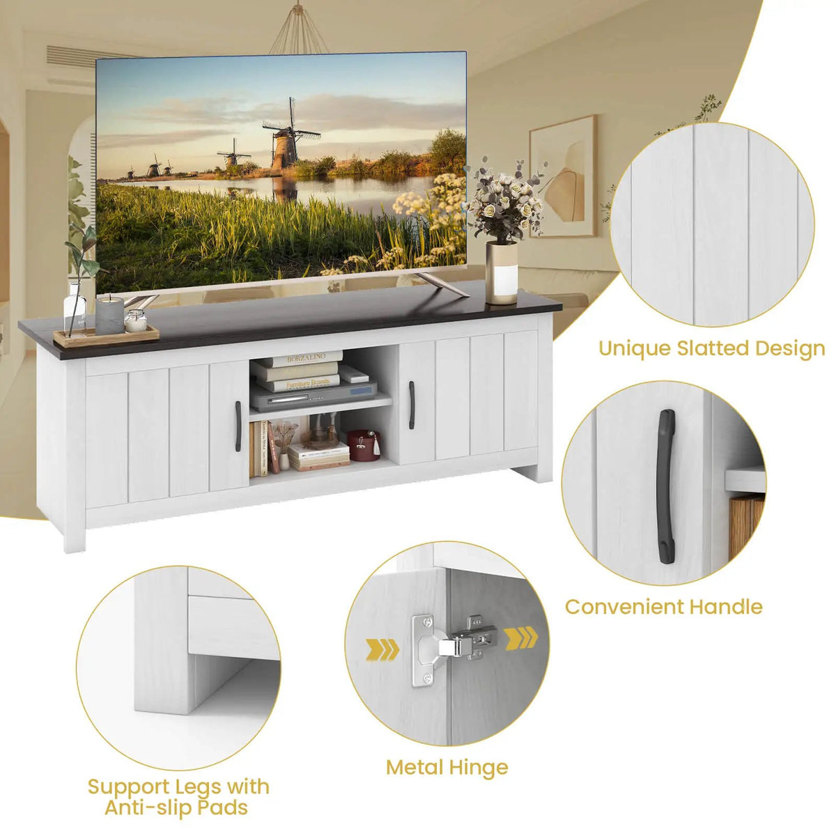 TV Stand with 2 Cabinets and Open Shelves for TVs up to 65 Inch, detail
