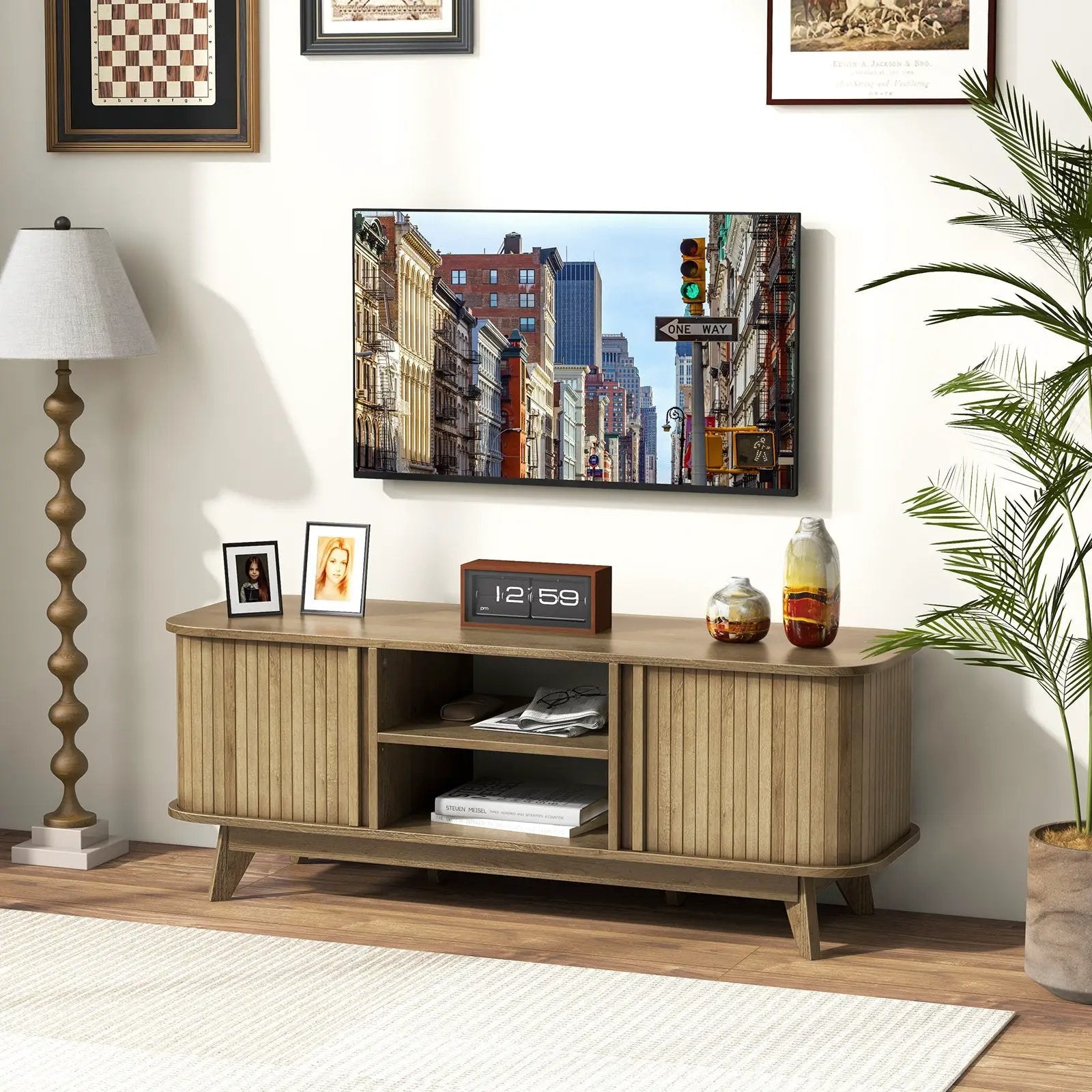 TV Stand for 55-Inch TV Media Console Table with Dual Sliding Doors-Oak by DirectDeals