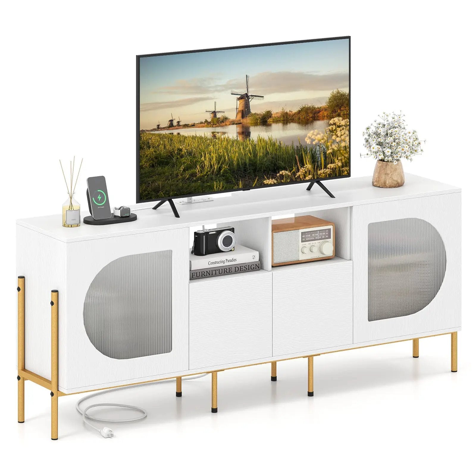 TV Stand for 70 Inch TV with Power Outlets Drawers and Open Shelves-White by DirectDeals