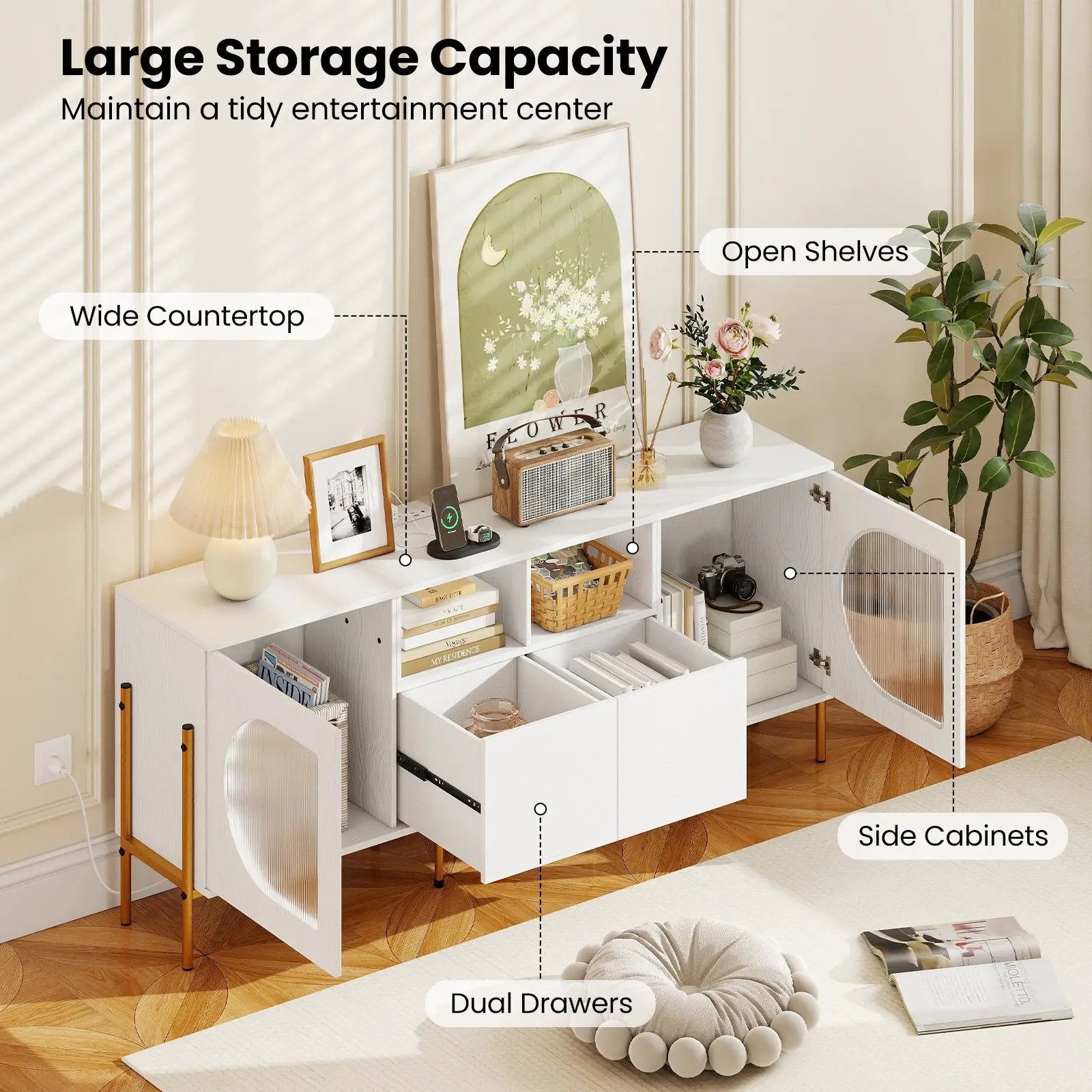 TV Stand for 70 Inch TV with Power Outlets Drawers and Open Shelves-White by DirectDeals