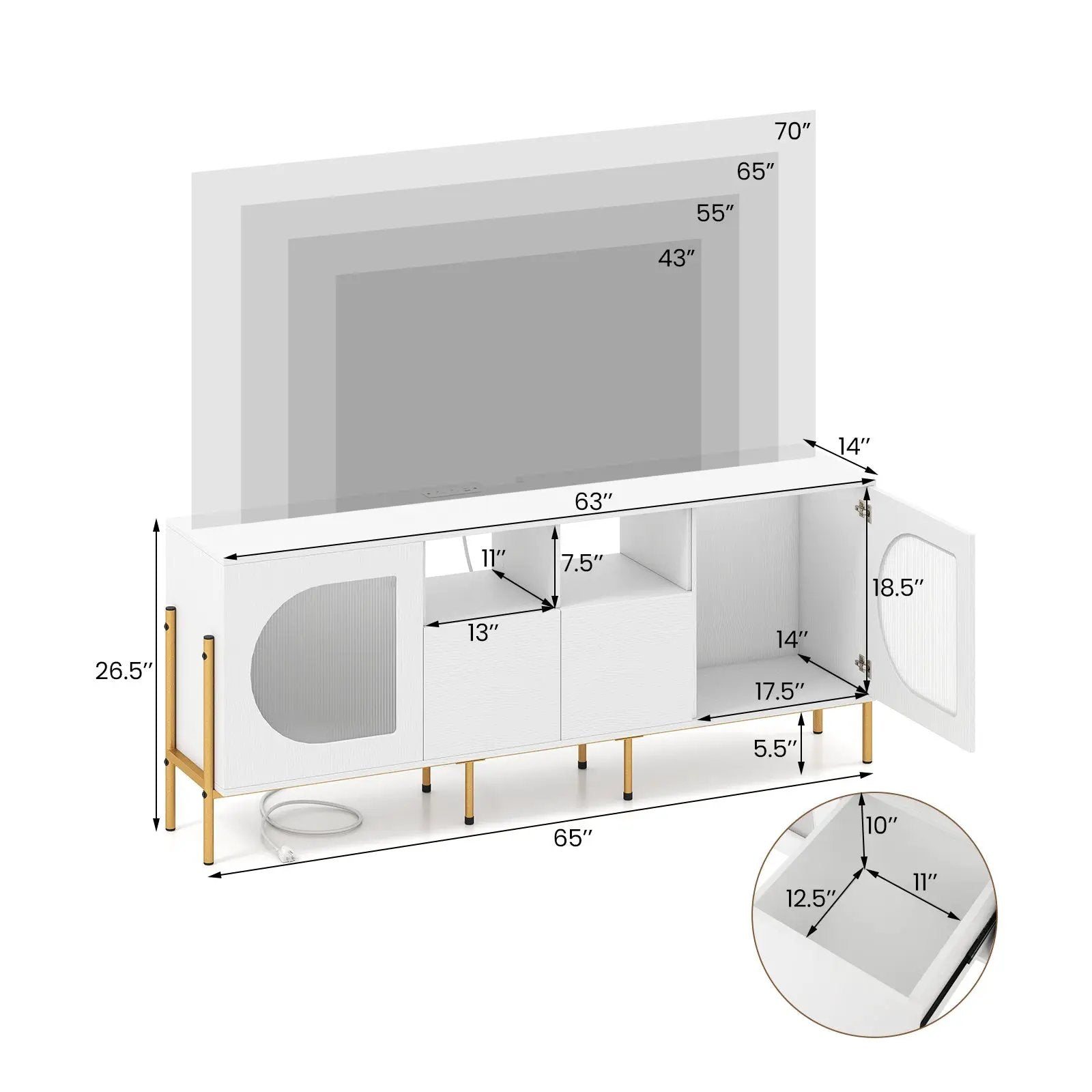 TV Stand for 70 Inch TV with Power Outlets Drawers and Open Shelves-White by DirectDeals