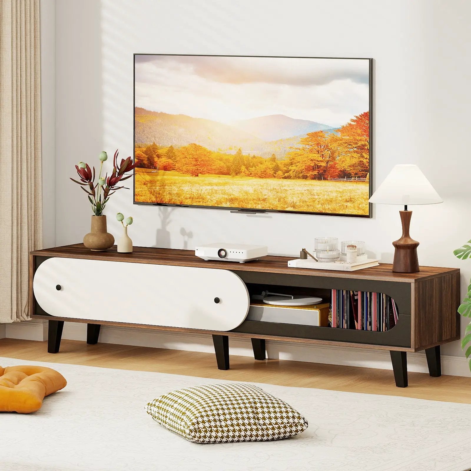 TV Stand for 80 Inch TVs Mid Century Modern Entertainment Center with Sliding Door Cabinet-Walnut by DirectDeals