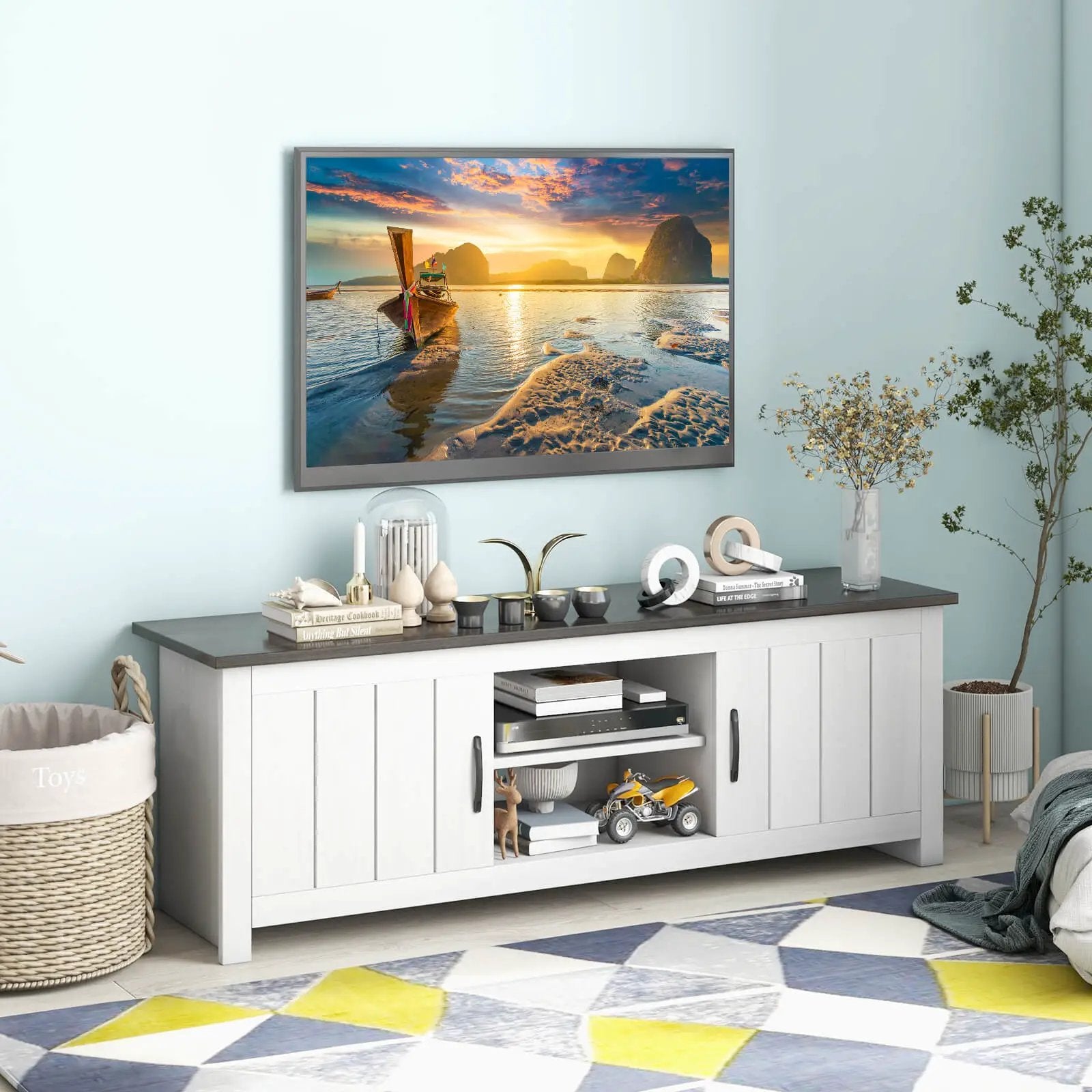 TV Stand with 2 Cabinets and Open Shelves for TVs up to 65 Inch by DirectDeals