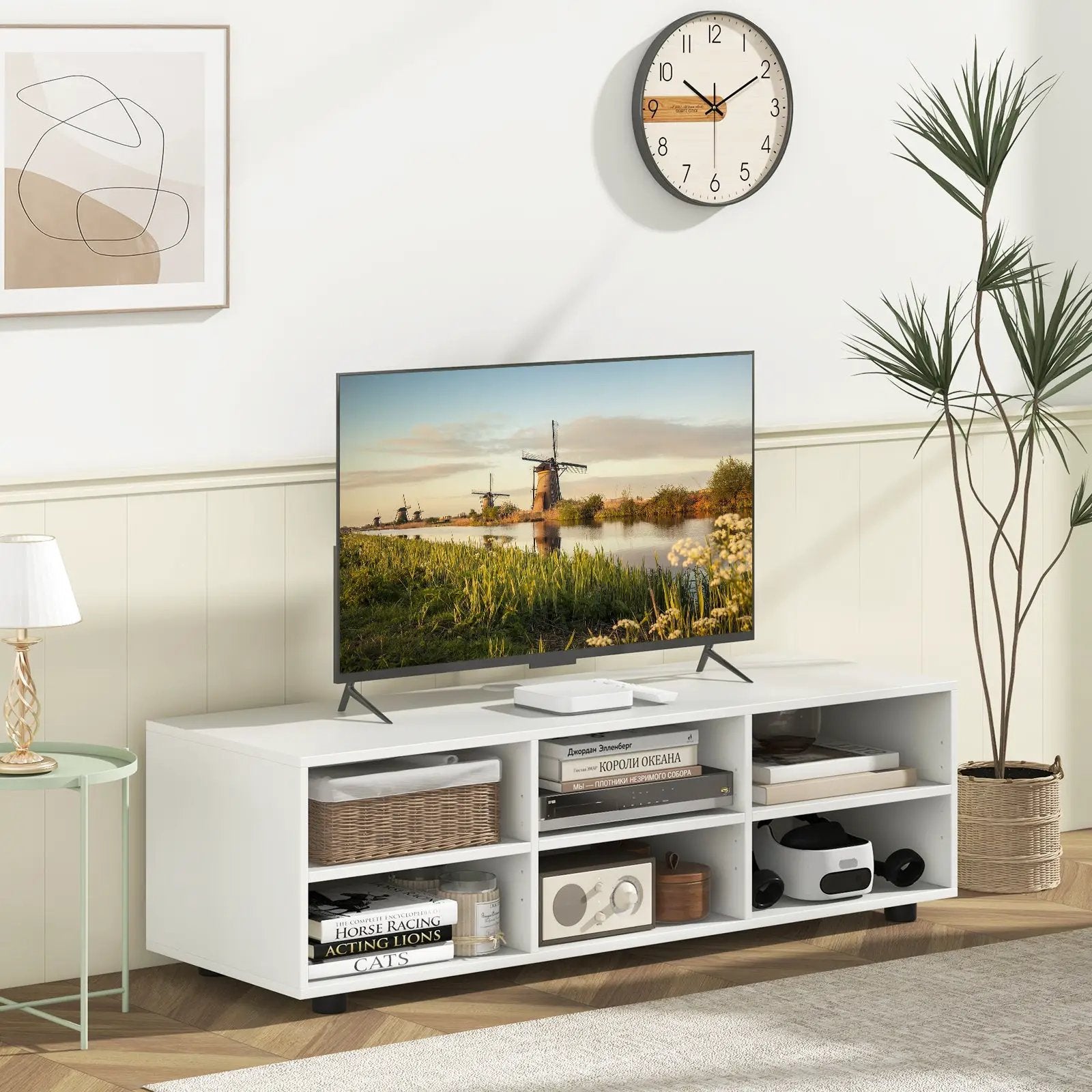 TV Stand for TV up to 55 Inch with 6 Storage Compartments-White by DirectDeals