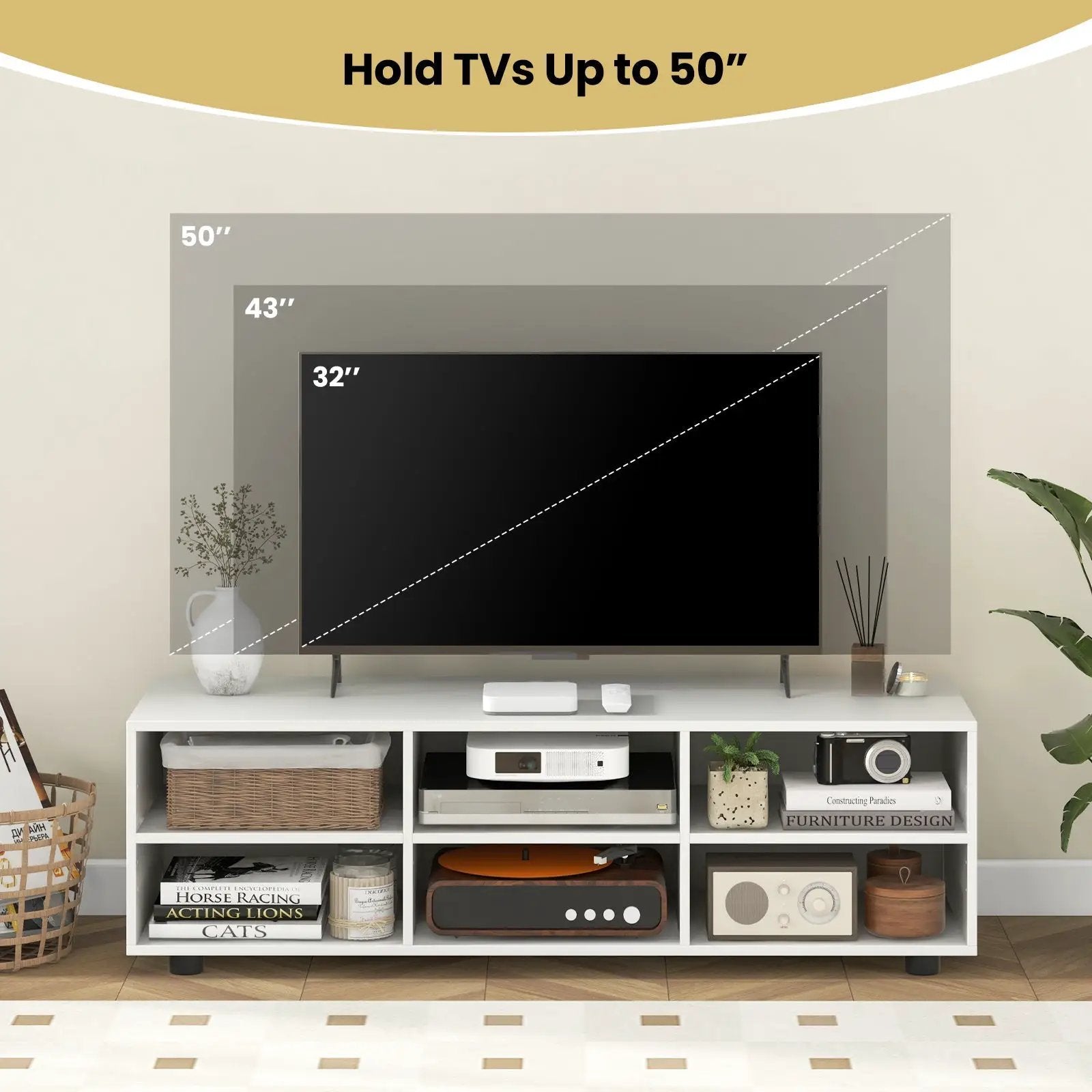 TV Stand for TV up to 55 Inch with 6 Storage Compartments-White by DirectDeals