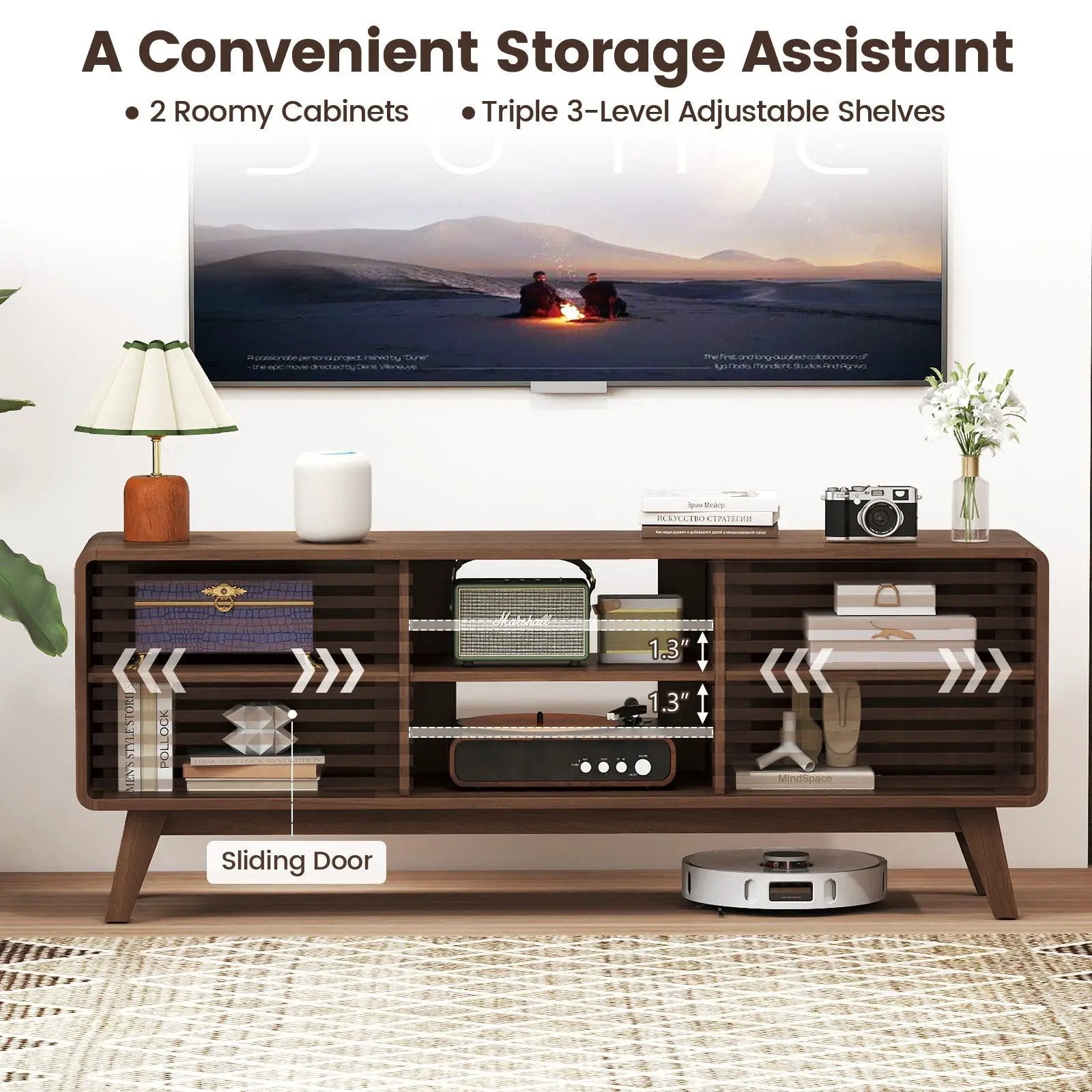 TV Stand for TVs up to 65" with Sliding Doors and Adjustable Shelves for Living Room-Walnut by DirectDeals
