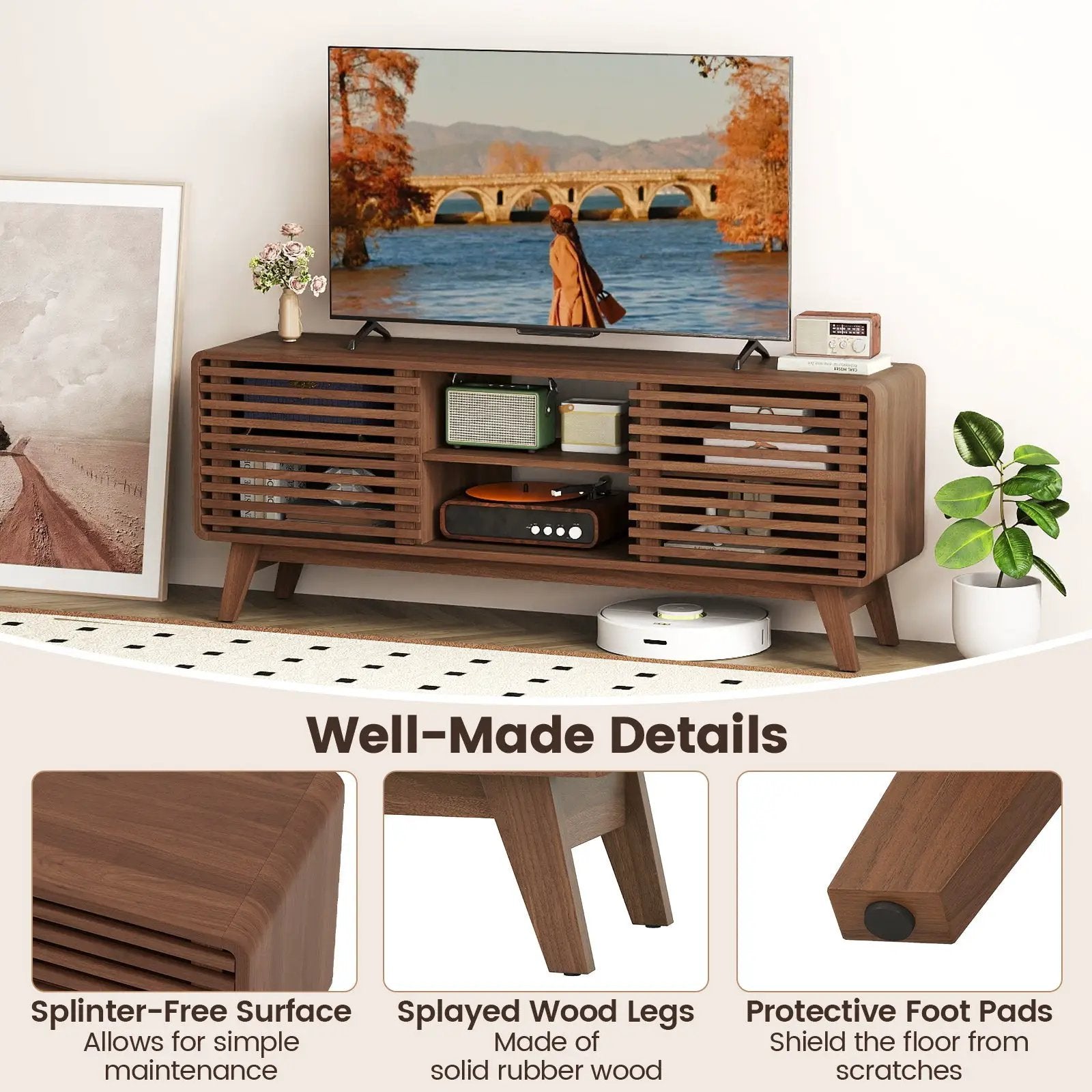 TV Stand for TVs up to 65" with Sliding Doors and Adjustable Shelves for Living Room-Walnut by DirectDeals