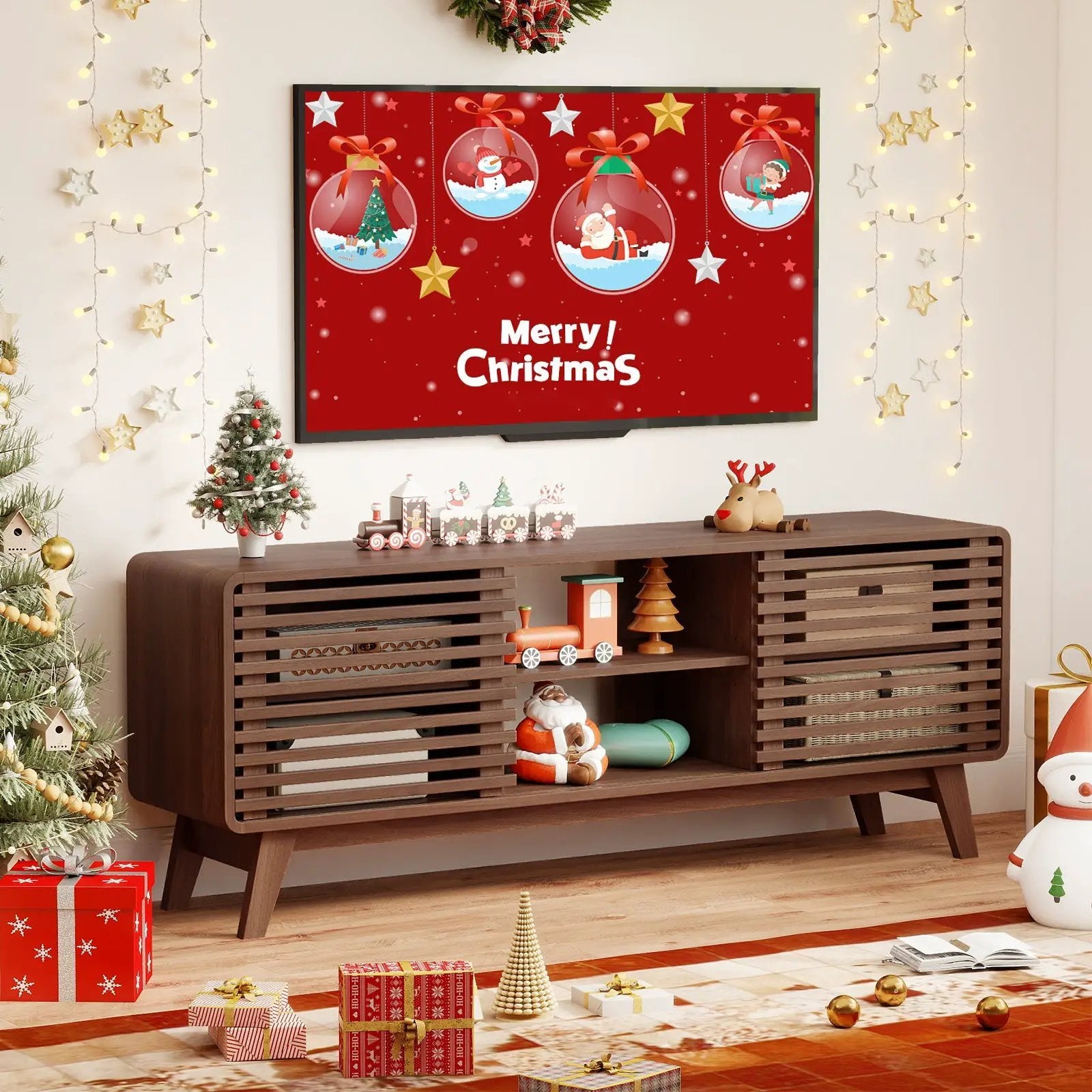 TV Stand for TVs up to 65" with Sliding Doors and Adjustable Shelves for Living Room-Walnut by DirectDeals