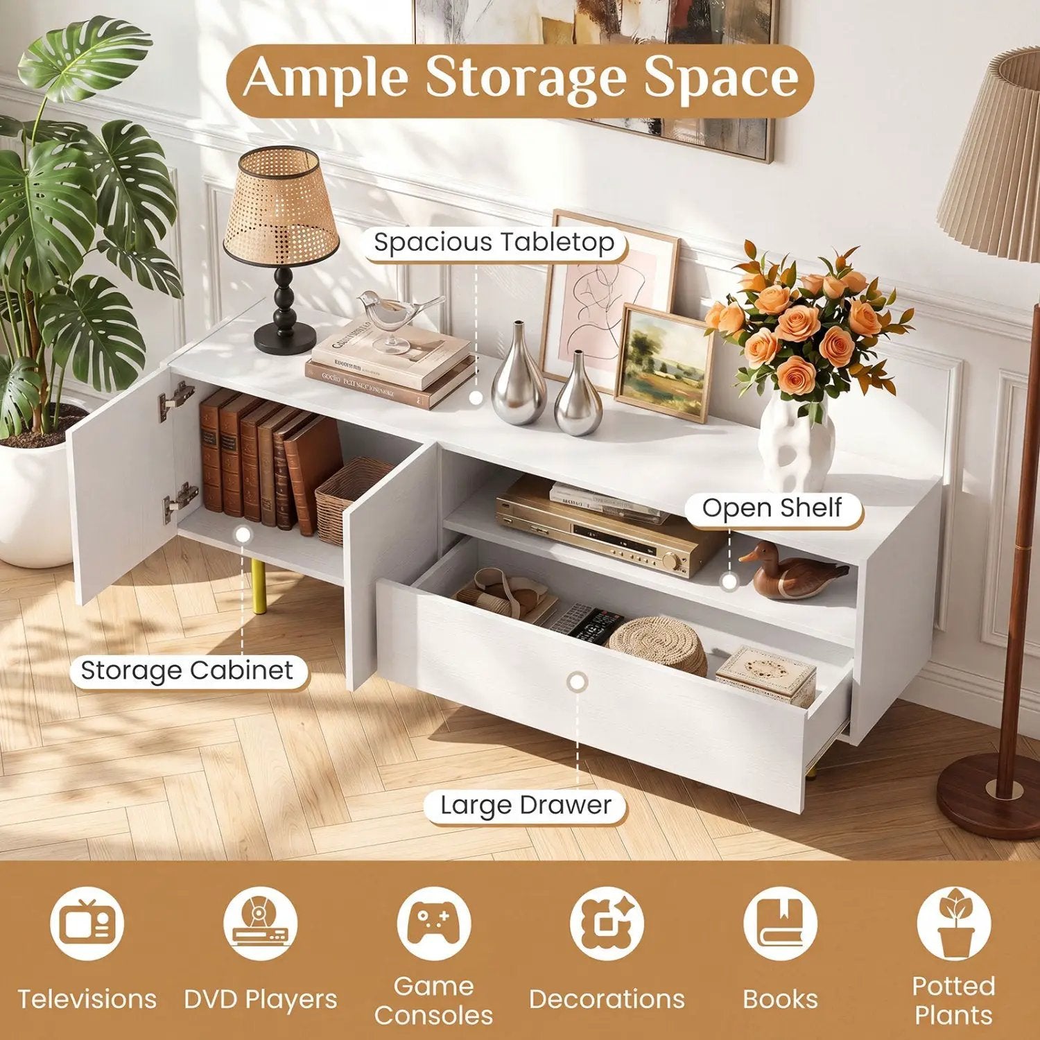 TV Stand for TVs up to 70" with Storage Cabinet and Metal Legs by DirectDeals