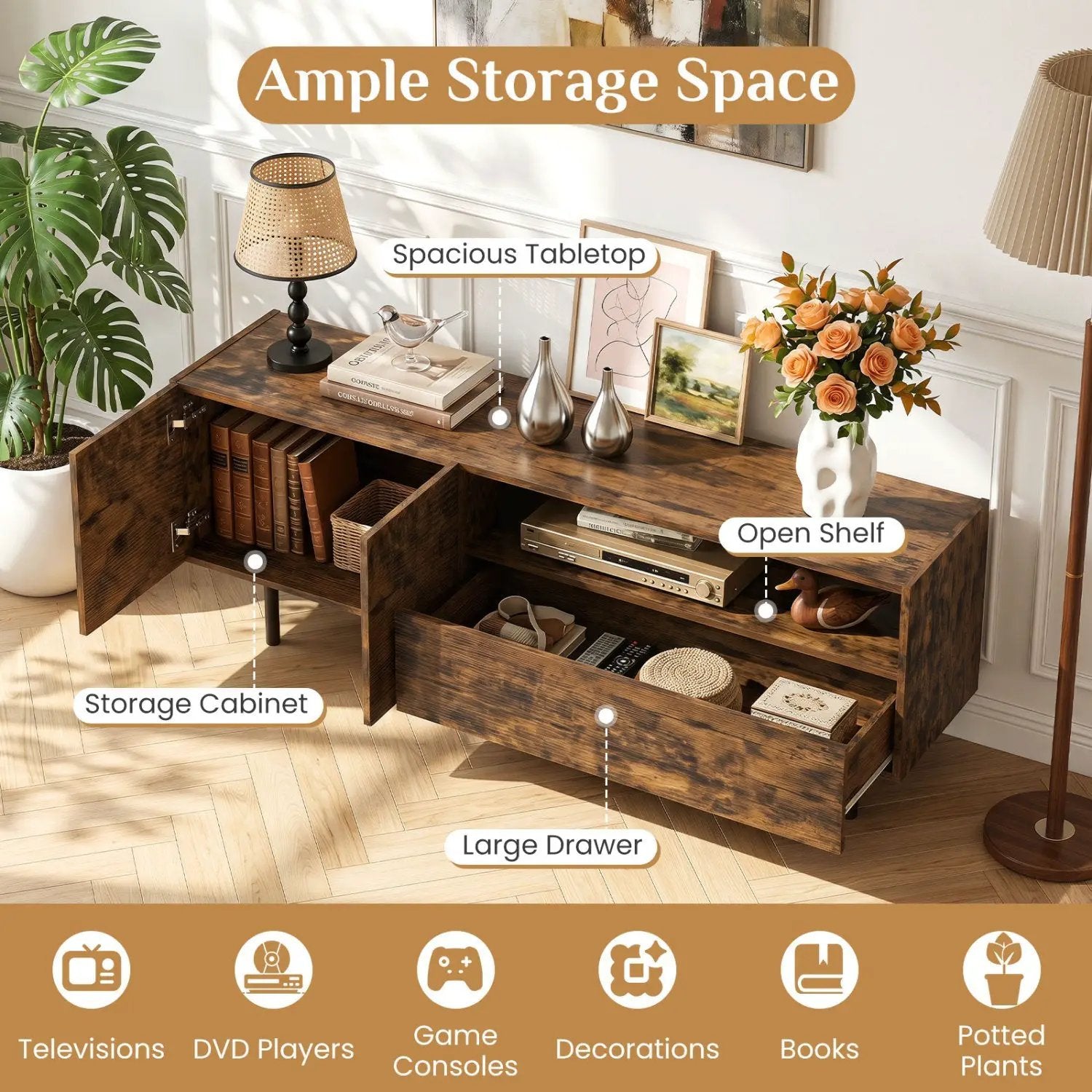 TV Stand for TVs up to 70" with Storage Cabinet and Metal Legs by DirectDeals