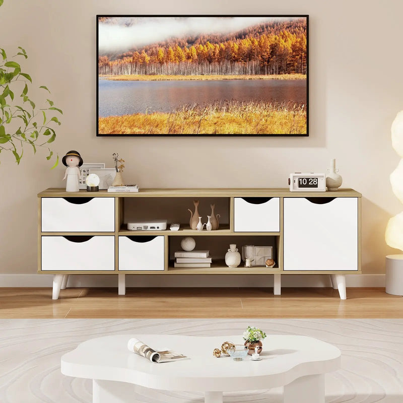 TV Stand for TVs up to 55” Television Cabinet w/ 4 Drawers & 2 Open Shelves-Oak by DirectDeals