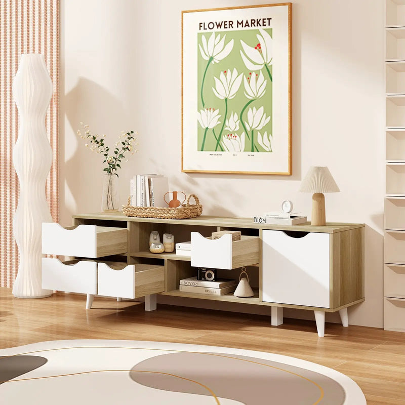 TV Stand for TVs up to 55” Television Cabinet w/ 4 Drawers & 2 Open Shelves-Oak by DirectDeals
