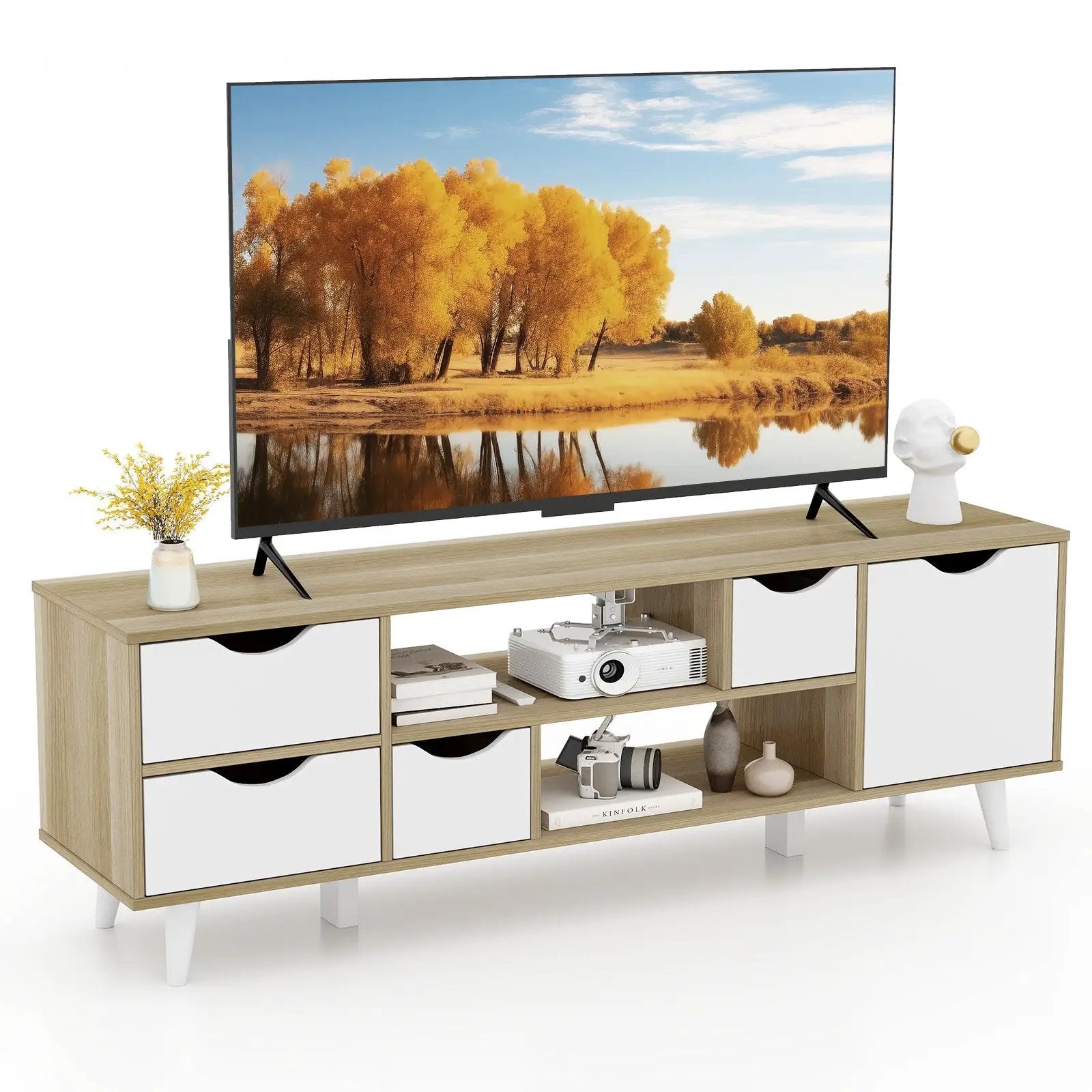 TV Stand for TVs up to 55” Television Cabinet w/ 4 Drawers & 2 Open Shelves-Oak by DirectDeals