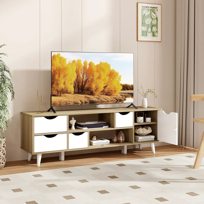 TV Stand for TVs up to 55” Television Cabinet w/ 4 Drawers & 2 Open Shelves-Oak by DirectDeals