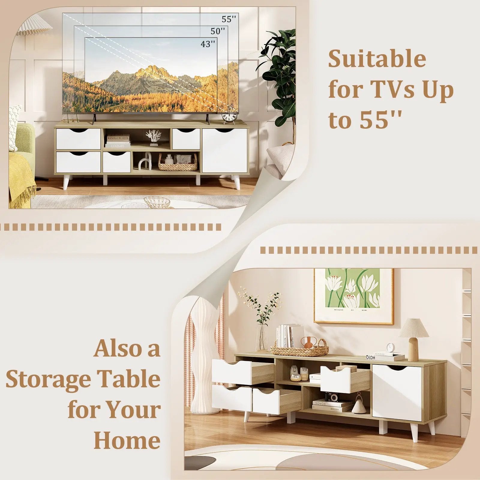 TV Stand for TVs up to 55” Television Cabinet w/ 4 Drawers & 2 Open Shelves-Oak by DirectDeals