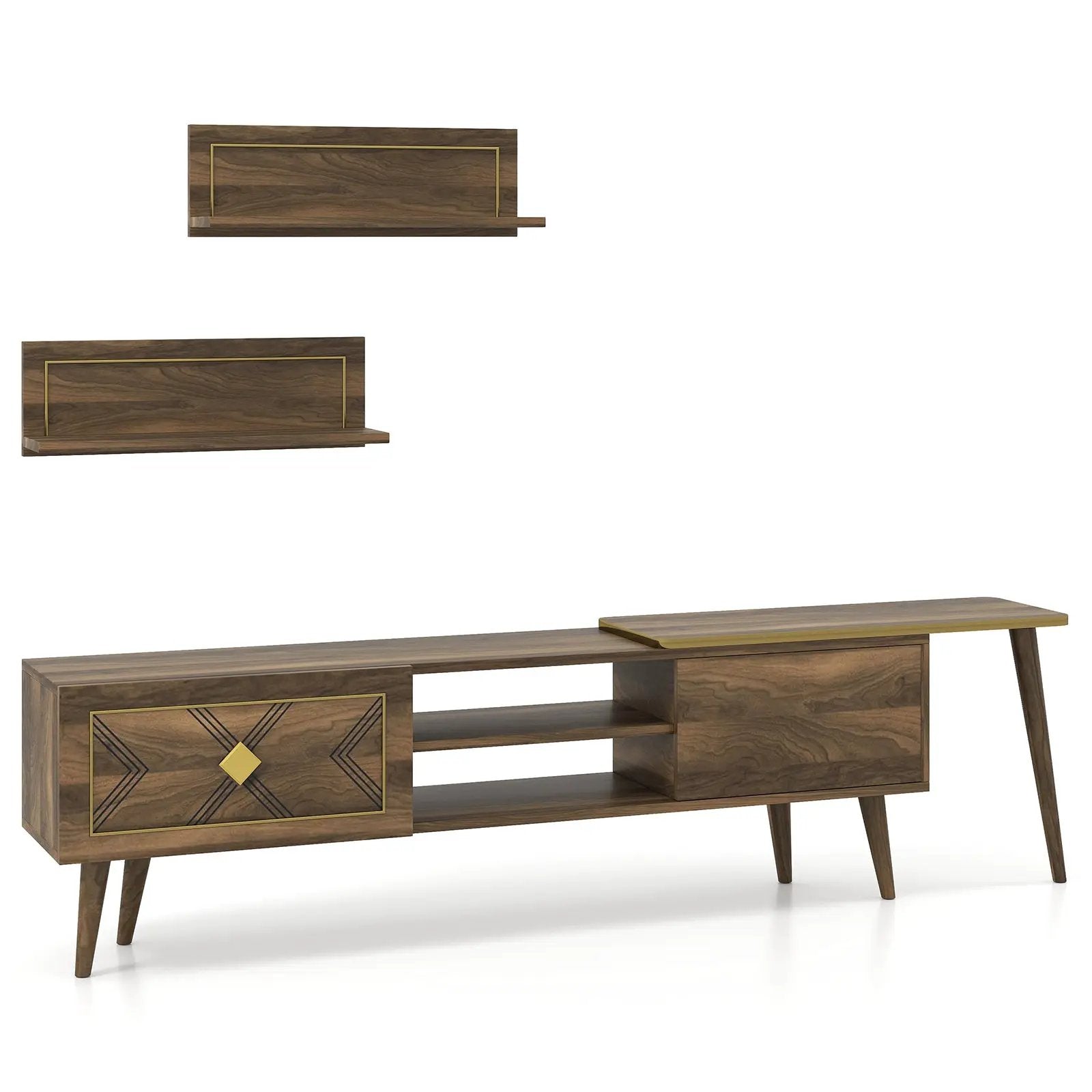 Mid-century Modern TV Stand for TVs up to 85 Inch with Open Compartments-Walnut by DirectDeals