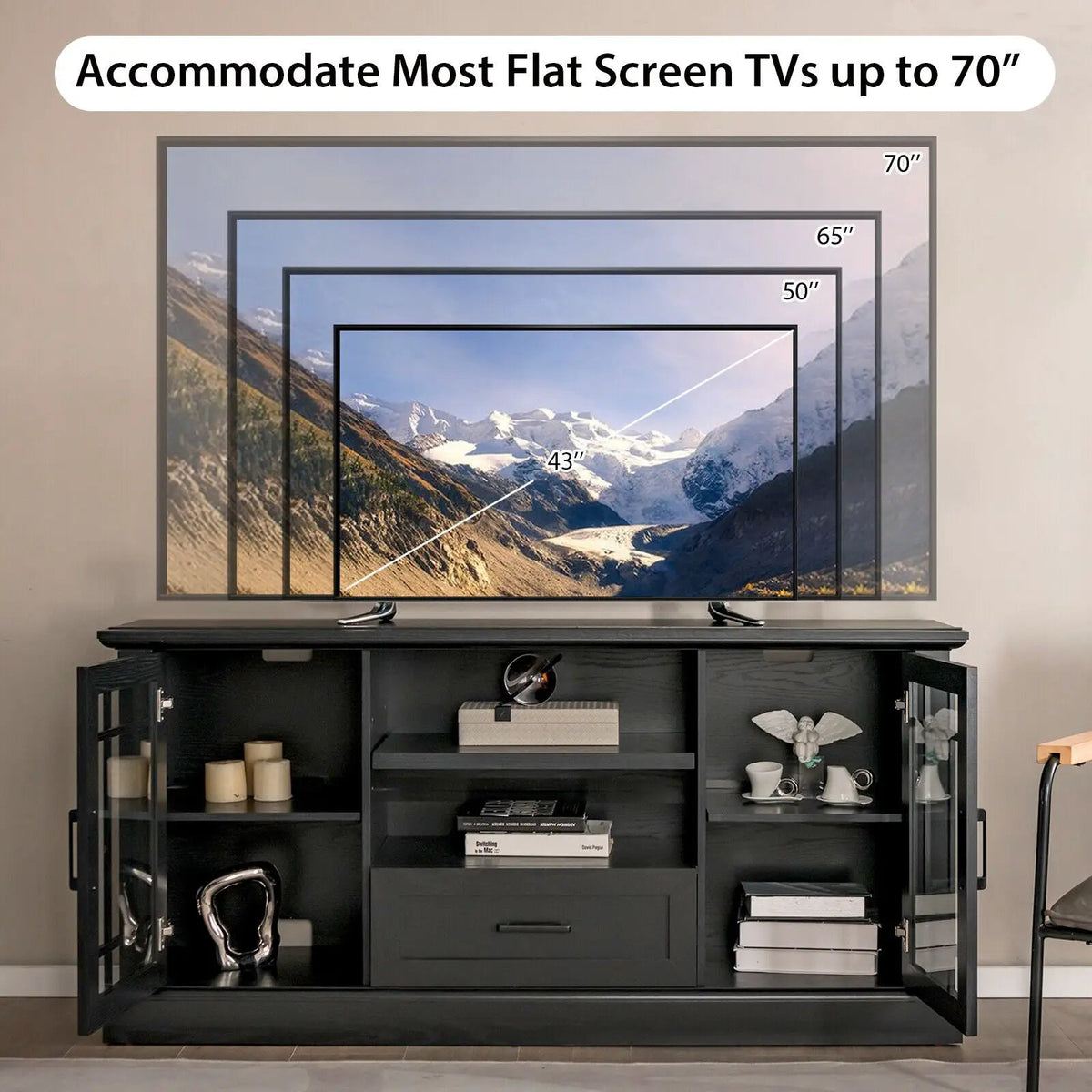 TV Stand for TVs up to 70 with Glass Doors Cubbies and Drawer, photo 8 of 10