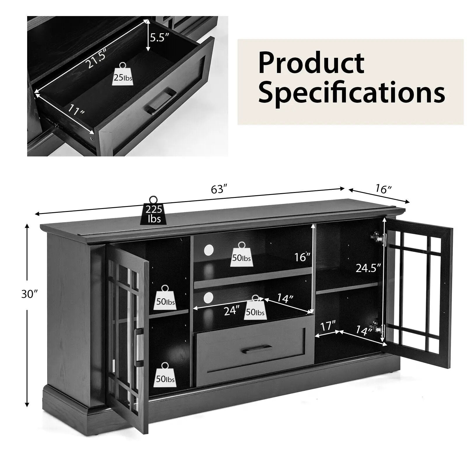 TV Stand for TVs up to 70 with Glass Doors Cubbies and Drawer by DirectDeals