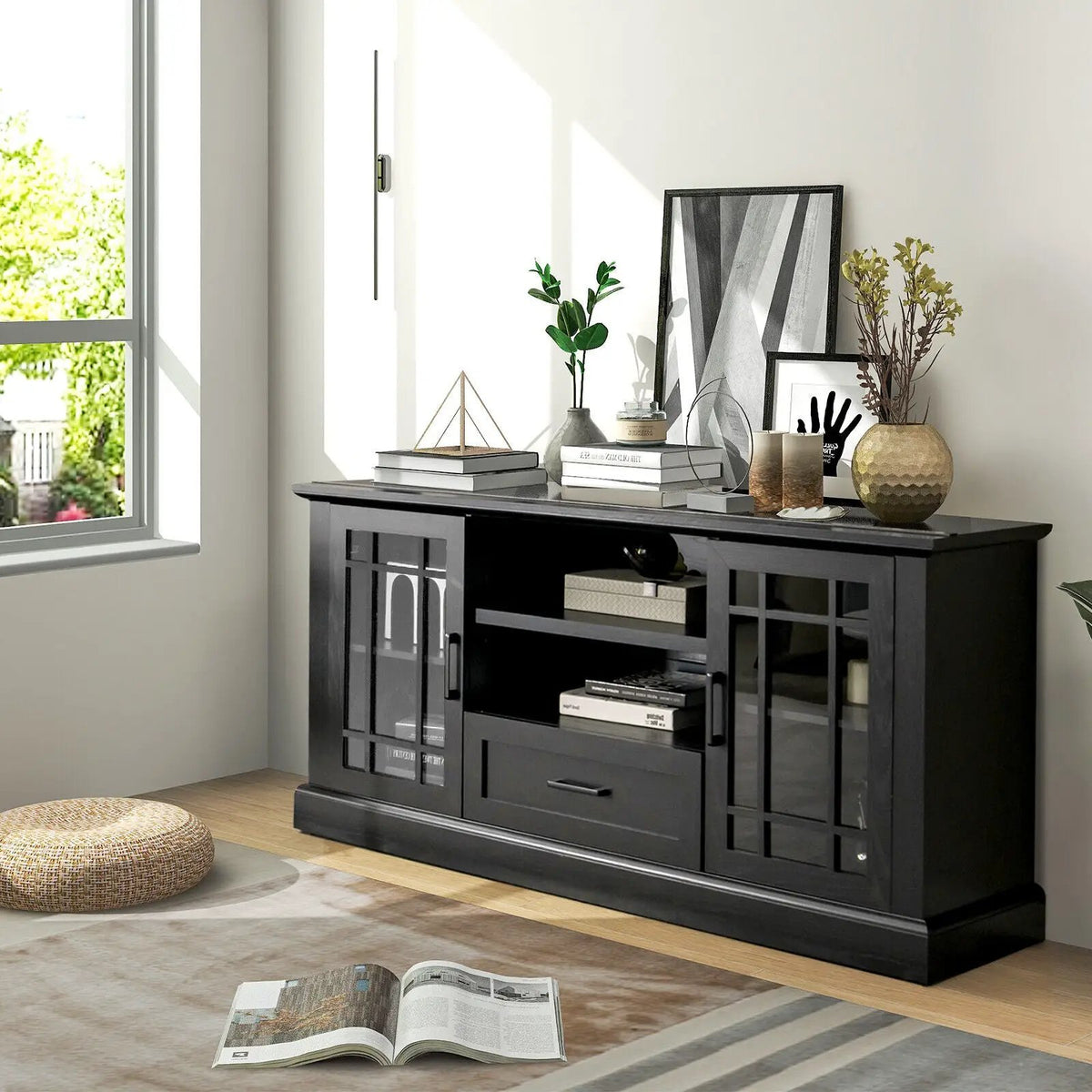 TV Stand for TVs up to 70 with Glass Doors Cubbies and Drawer, photo 2 of 10
