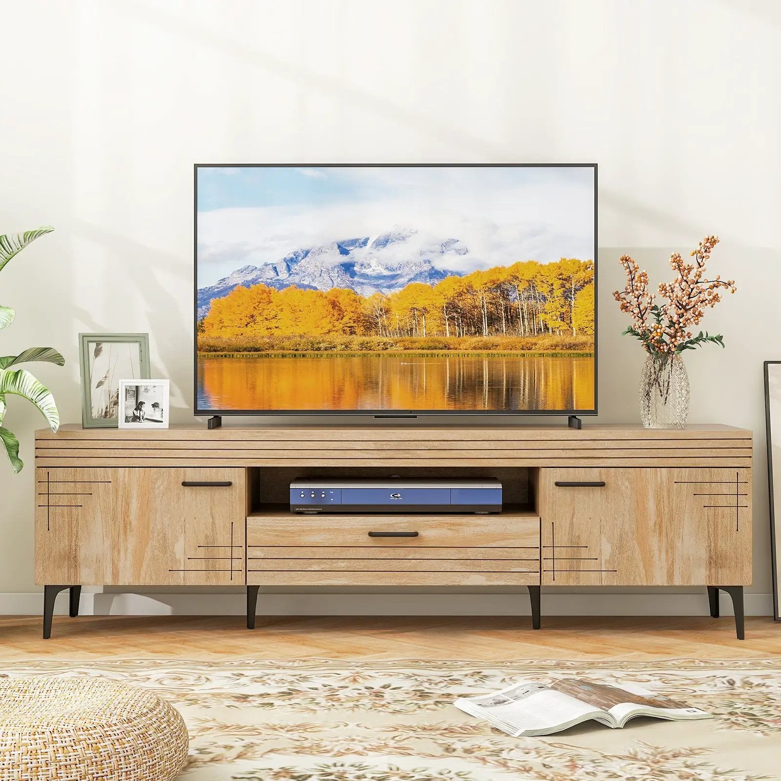 TV Stand with 2 Cabinets and Storage Drawer for 65 Inches TVs-Oak by DirectDeals