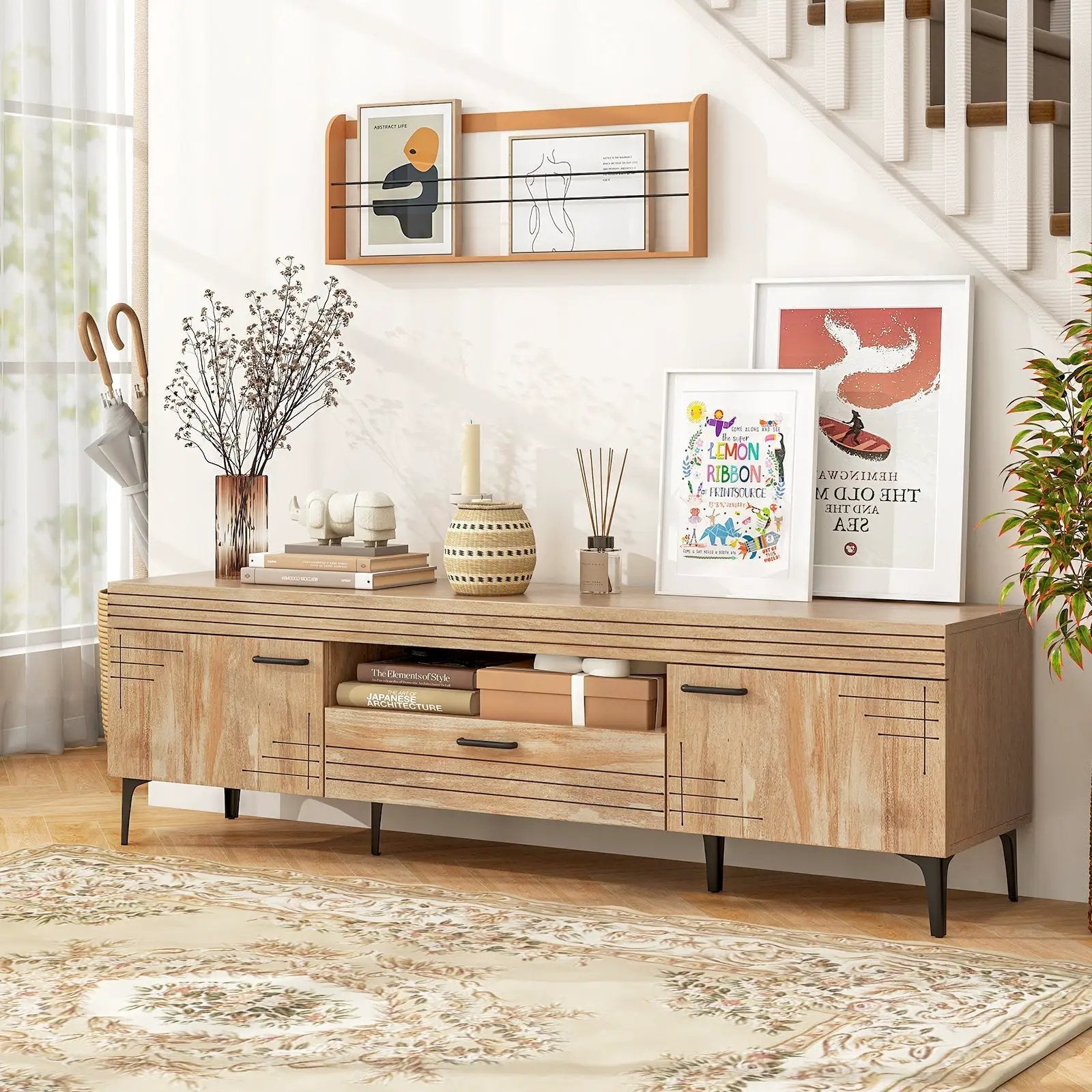 TV Stand with 2 Cabinets and Storage Drawer for 65 Inches TVs-Oak by DirectDeals
