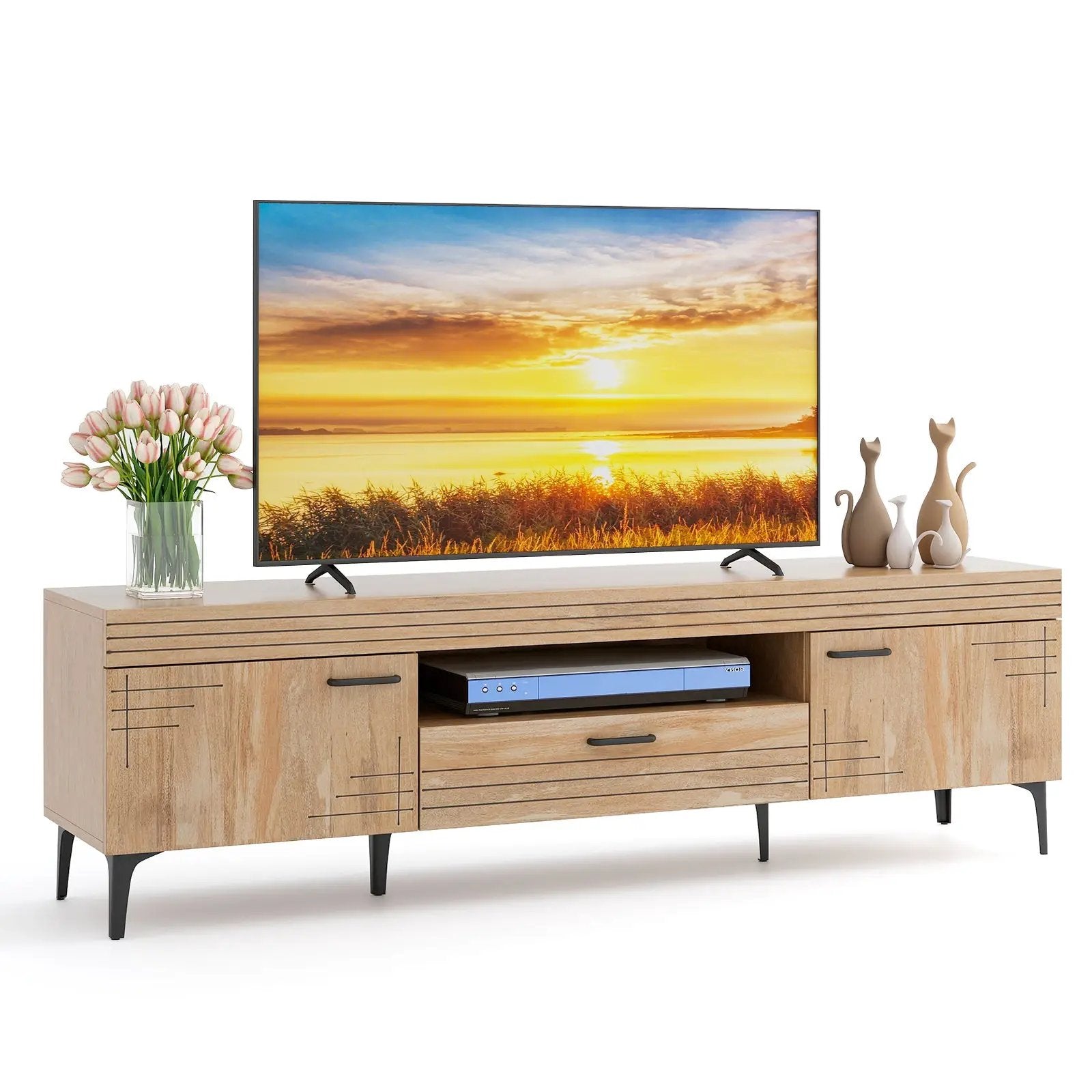 TV Stand with 2 Cabinets and Storage Drawer for 65 Inches TVs-Oak by DirectDeals