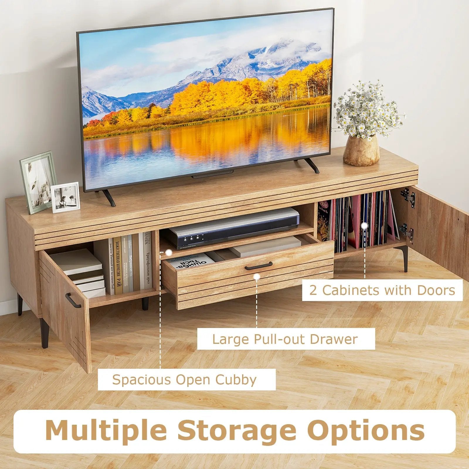 TV Stand with 2 Cabinets and Storage Drawer for 65 Inches TVs-Oak by DirectDeals
