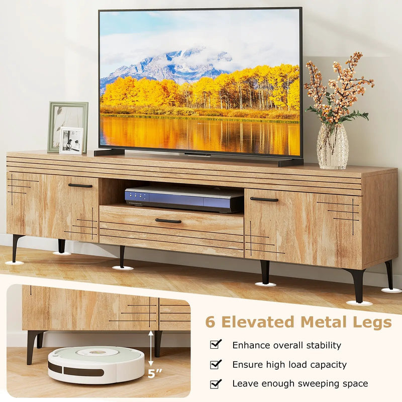 TV Stand with 2 Cabinets and Storage Drawer for 65 Inches TVs-Oak by DirectDeals