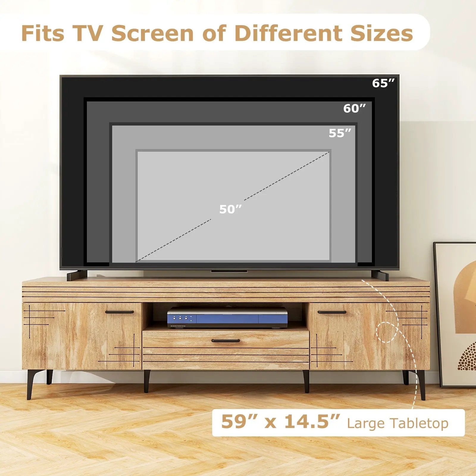 TV Stand with 2 Cabinets and Storage Drawer for 65 Inches TVs-Oak by DirectDeals