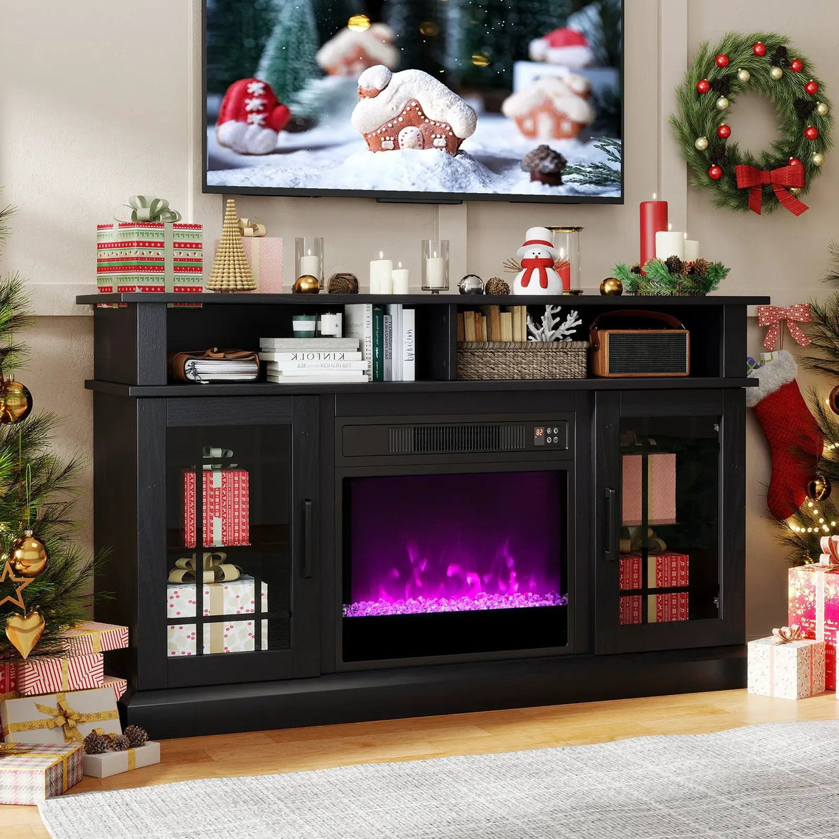 TV Stand with Electric Fireplace LED Lights and Remote Controls for TVs Up to 40 Inch by DirectDeals