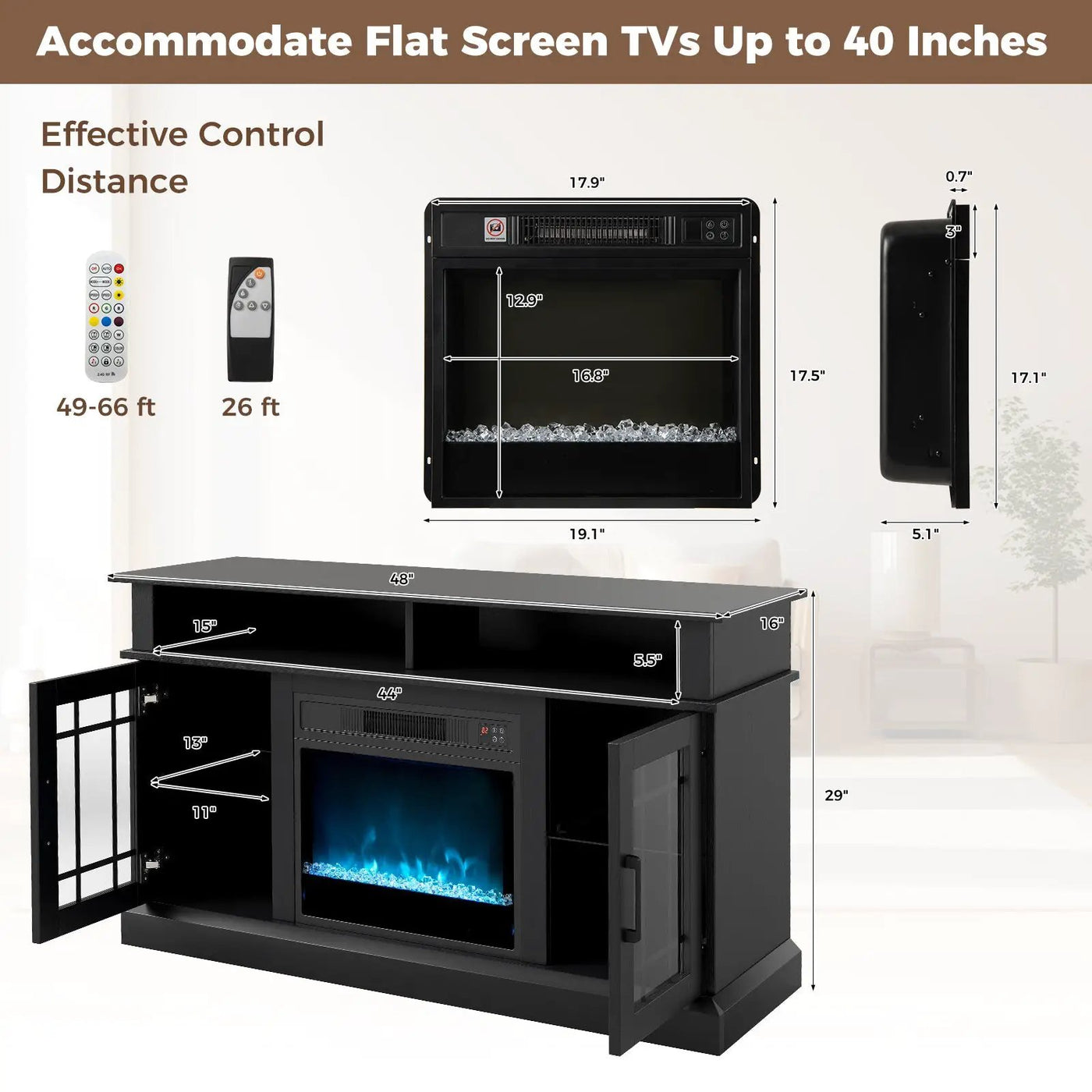 TV Stand with Electric Fireplace LED Lights and Remote Controls for TVs Up to 40 Inch by DirectDeals