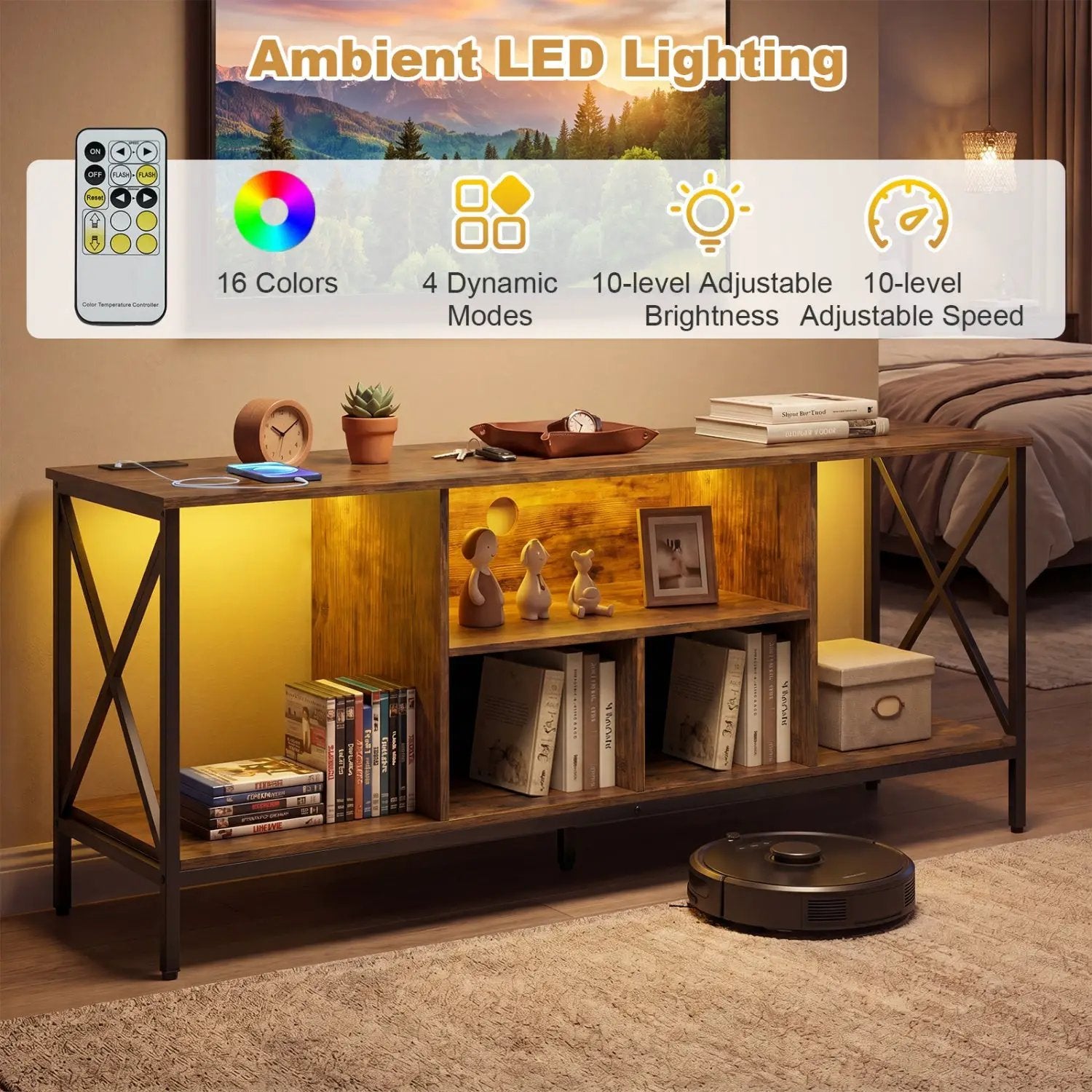 TV Stand with LED Lights for 65 Inch TV Entertainment Center with Power Outlets by DirectDeals