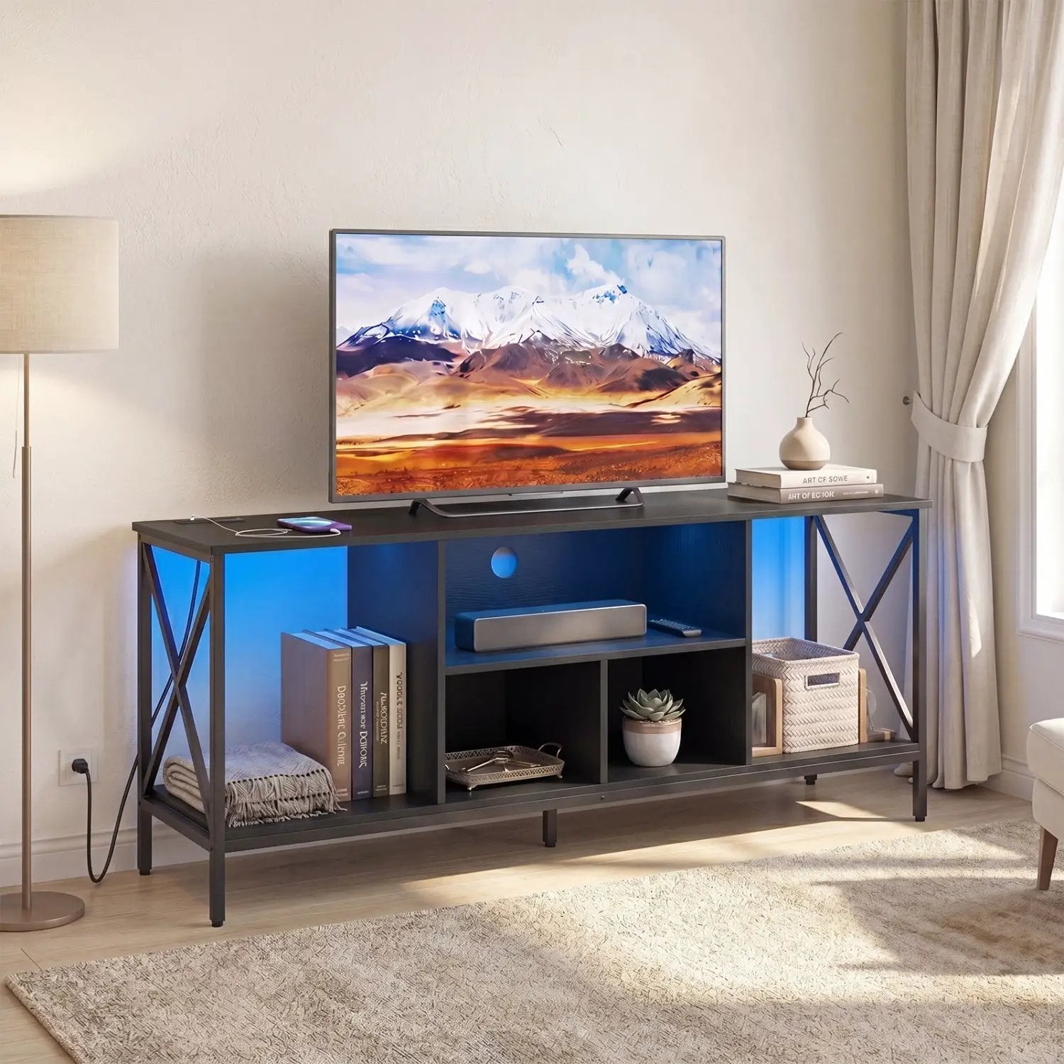 TV Stand with LED Lights for 65 Inch TV Entertainment Center with Power Outlets by DirectDeals