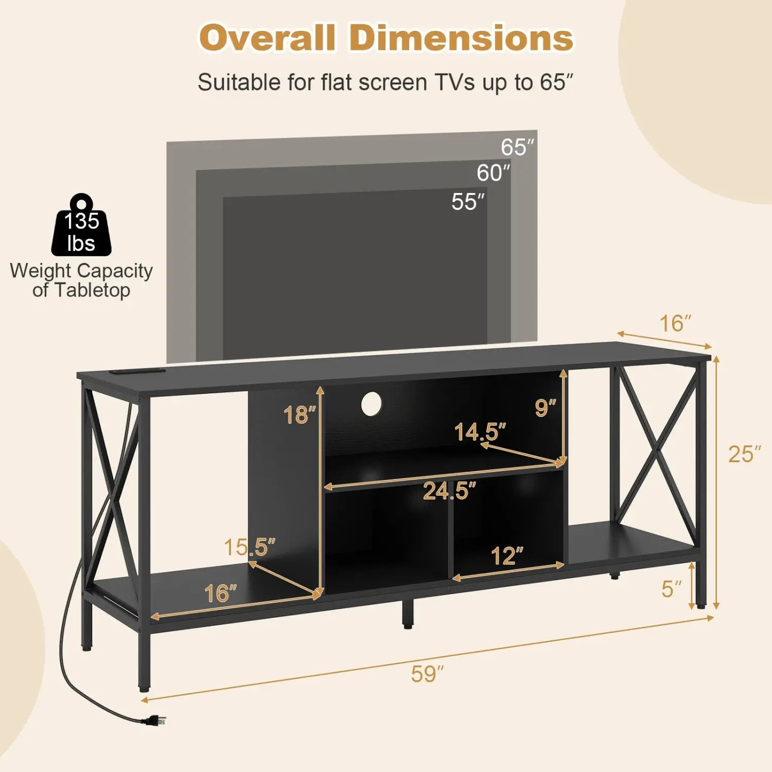 TV Stand with LED Lights for 65 Inch TV Entertainment Center with Power Outlets by DirectDeals