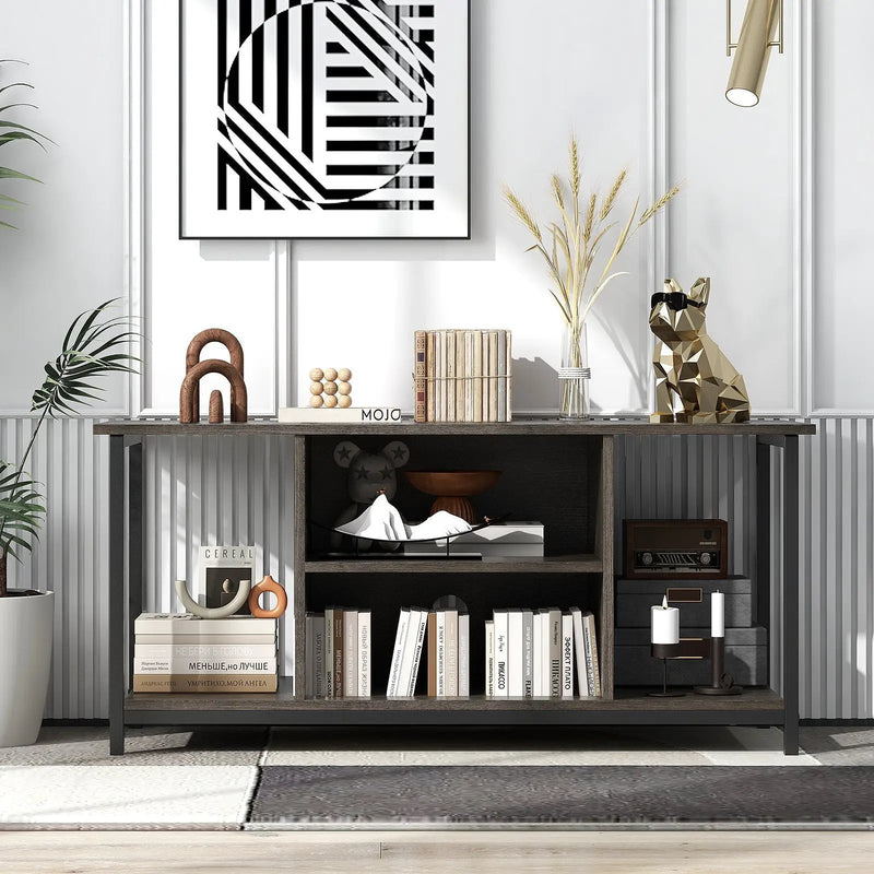 3-Tier TV Stand with Power Outlet USB and Adjustable Shelf-Gray by DirectDeals