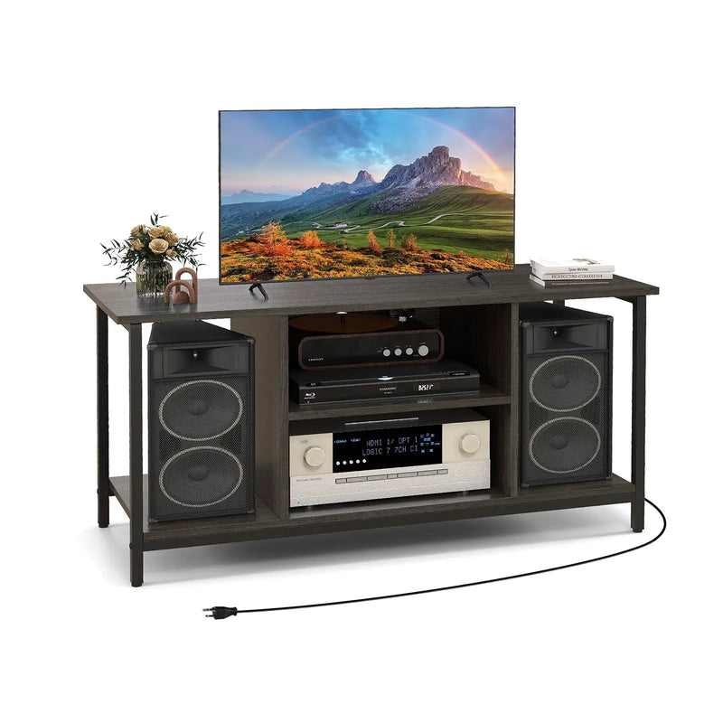3-Tier TV Stand with Power Outlet USB and Adjustable Shelf-Gray by DirectDeals