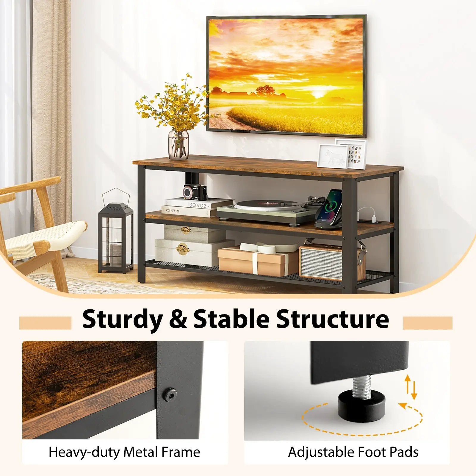 Industrial TV Stand up to 50 Inches with Power Outlets and USB Ports-Rustic Brown by DirectDeals