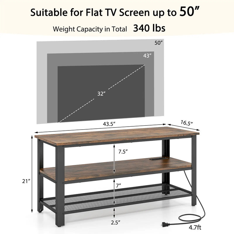Industrial TV Stand up to 50 Inches with Power Outlets and USB Ports-Rustic Brown by DirectDeals