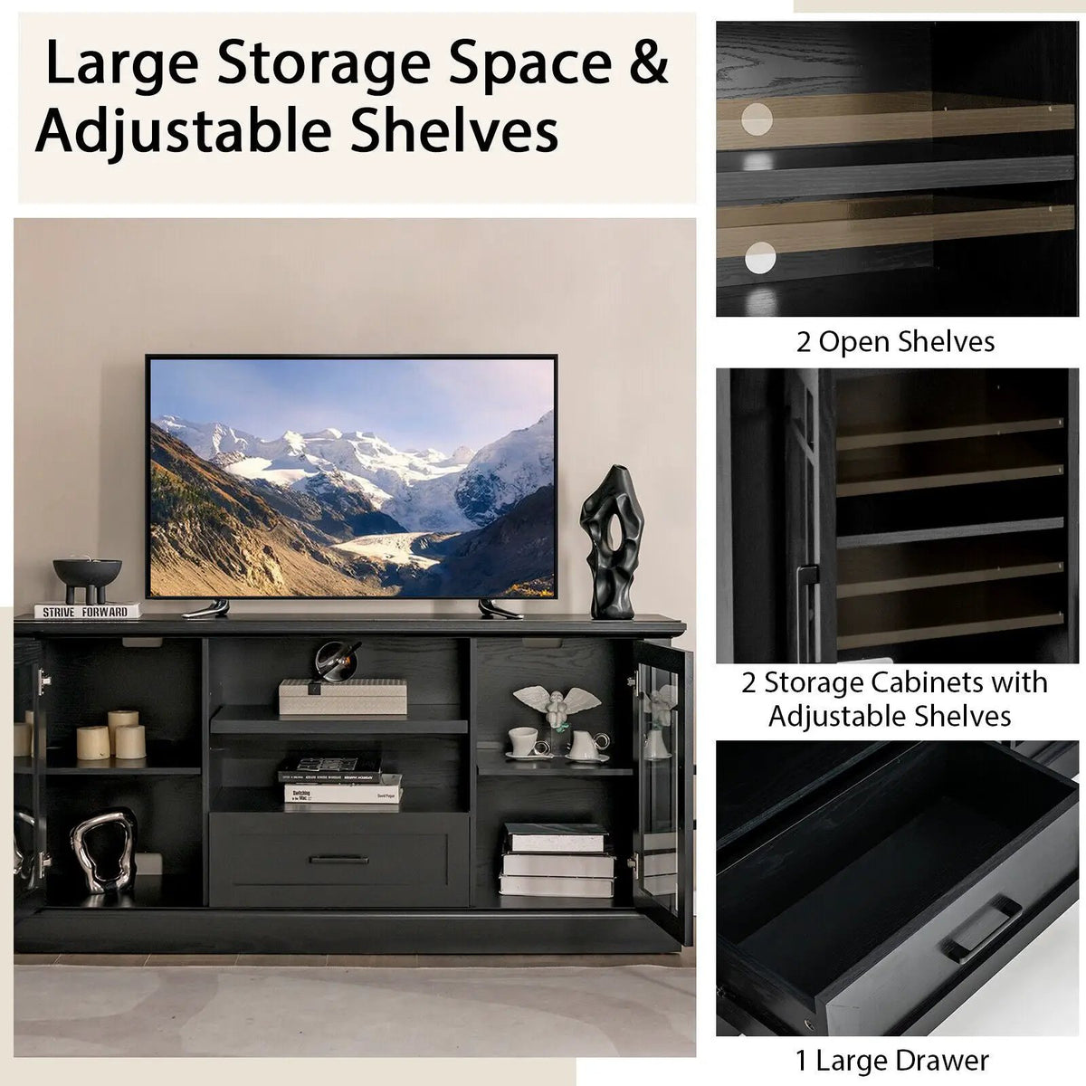 TV Stand for TVs up to 70 with Glass Doors Cubbies and Drawer, photo 6 of 10