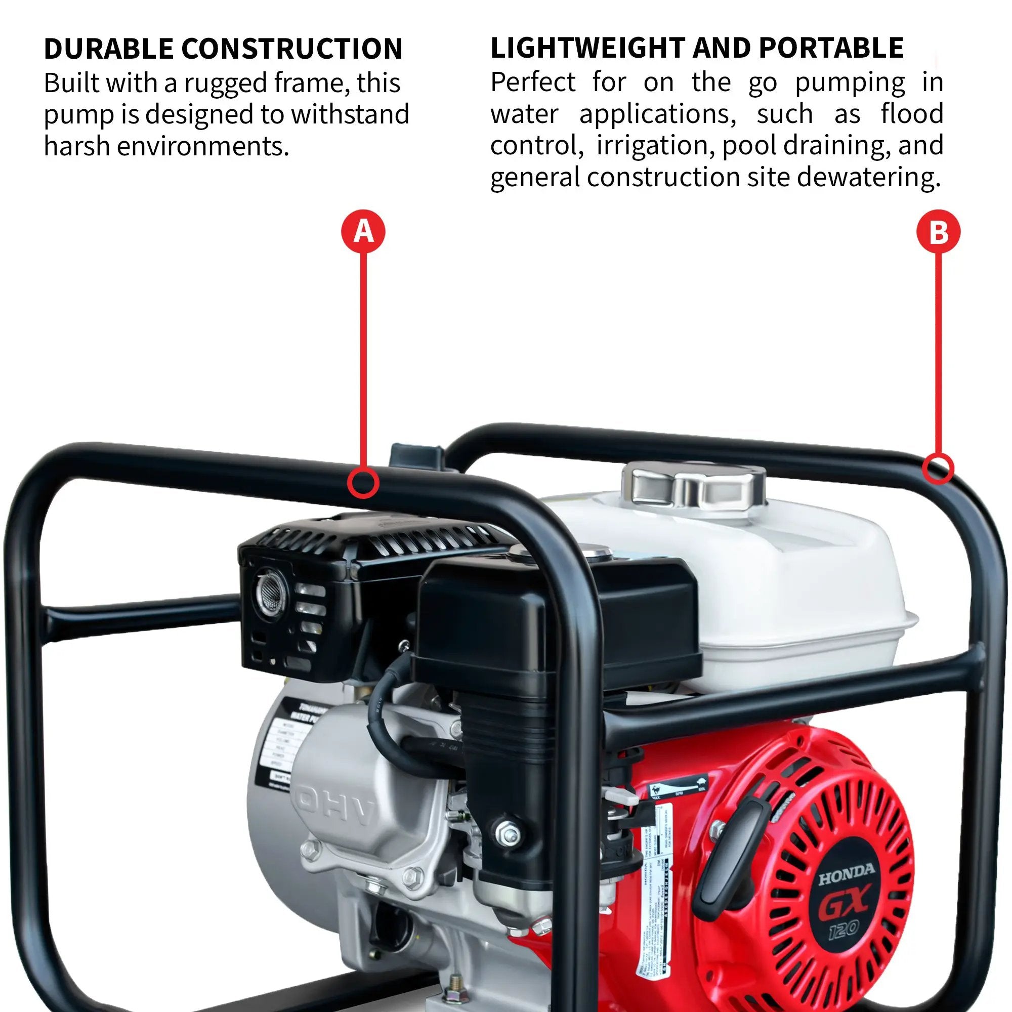 2 Inch Trash Water Pump 164 GPM 3.5HP GX120 powered by Honda Portable Utility by Tomahawk Power
