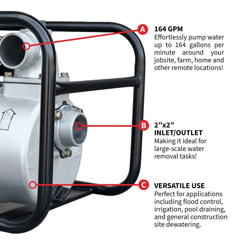 2 Inch Trash Water Pump 164 GPM 3.5HP GX120 powered by Honda Portable Utility by Tomahawk Power