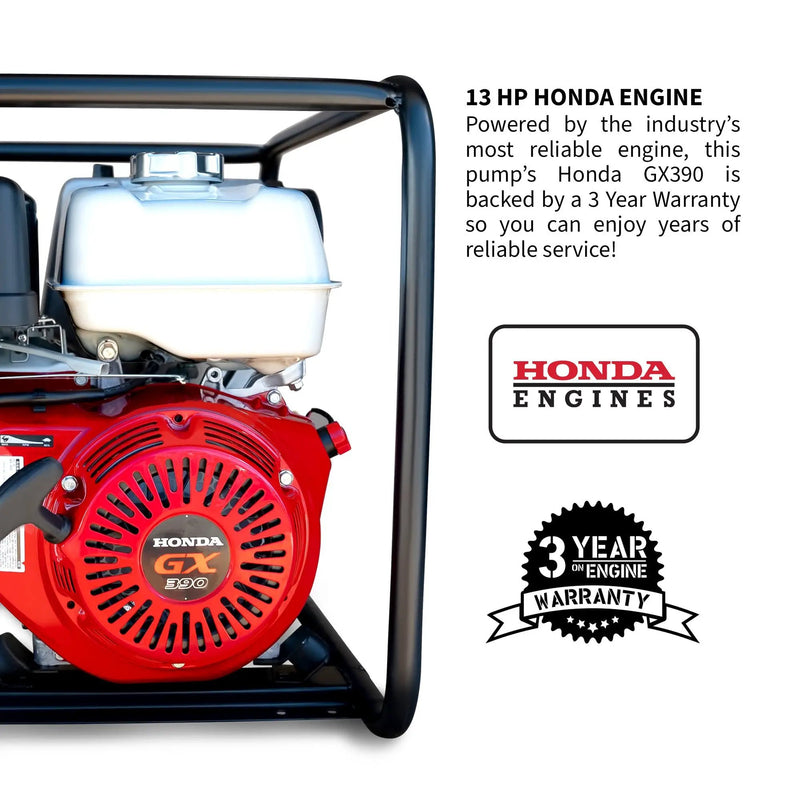 4 Inch Trash Water Pump 423 GPM 13 HP GX390 powered by Honda Portable Utility by Tomahawk Power